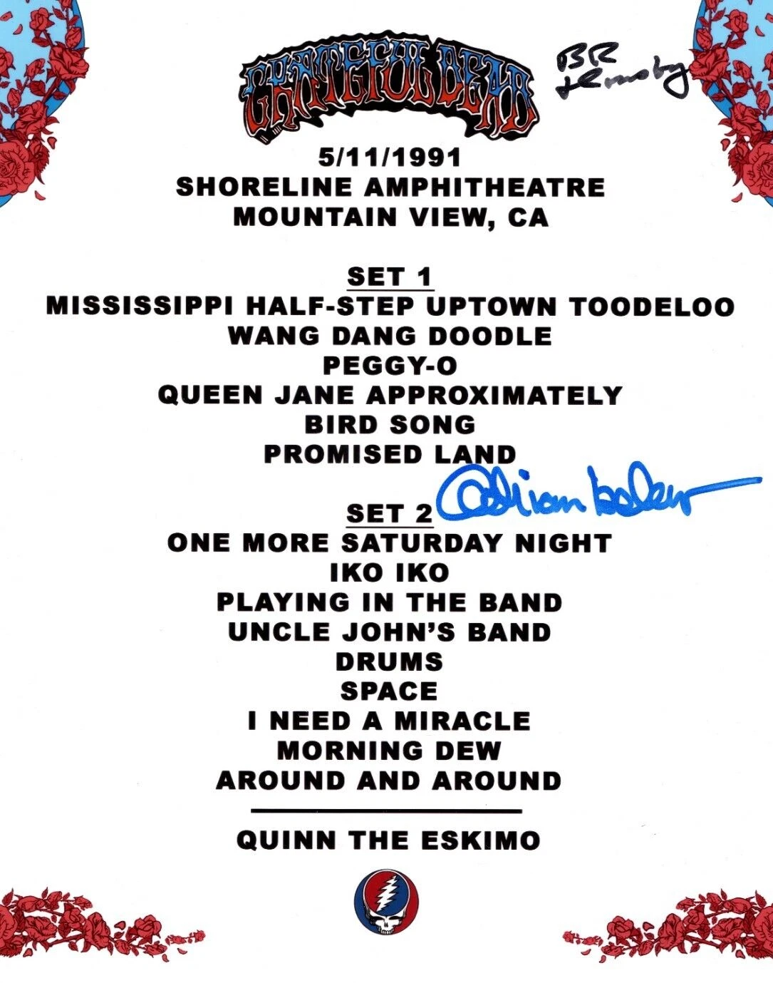 Grateful Dead REAL SIGNED Novelty Set-List #2 COA Autographed by Bruce & Adrian