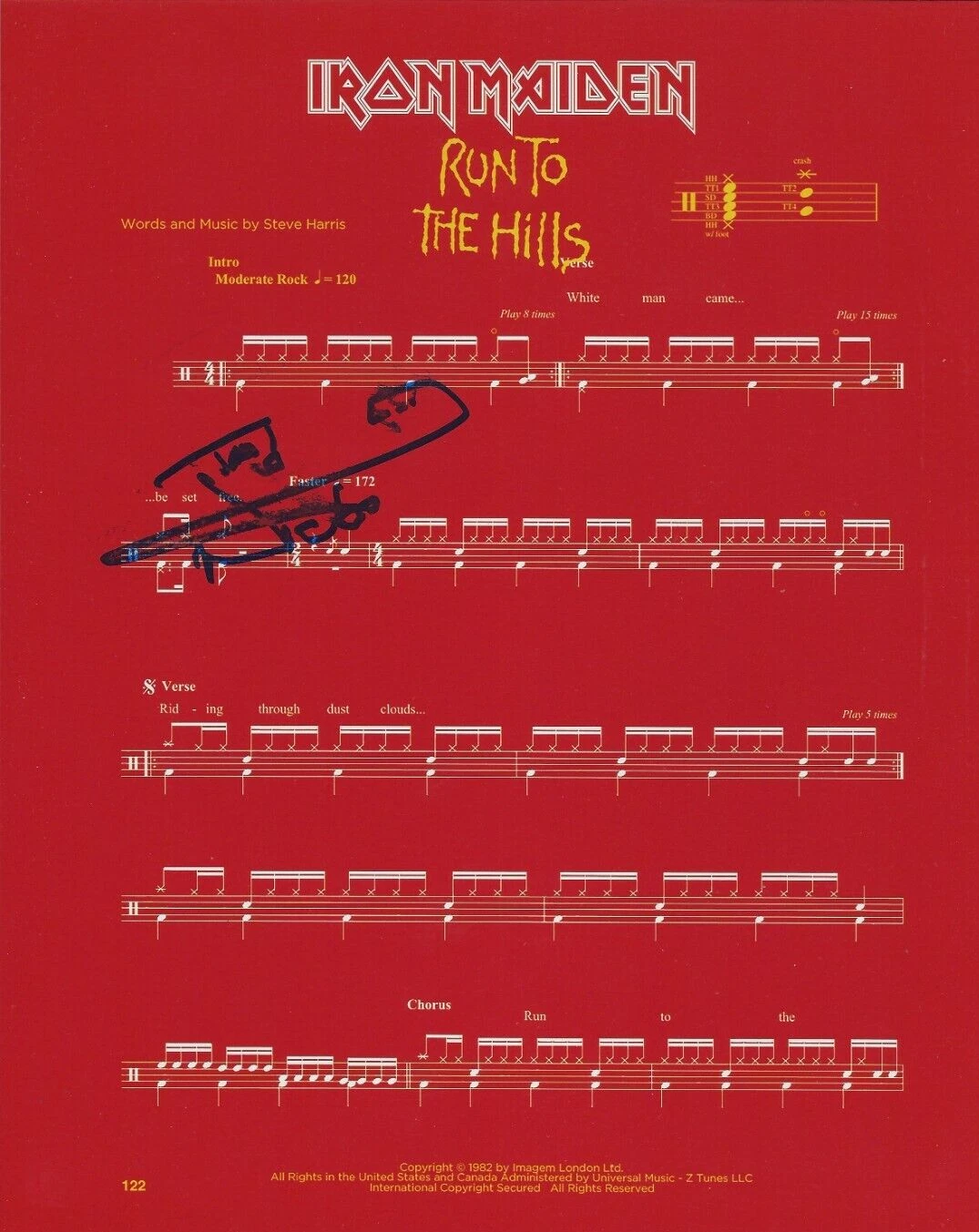 Nicko McBrain of Iron Maiden REAL SIGNED Run To The Hills Sheet Music #2 COA