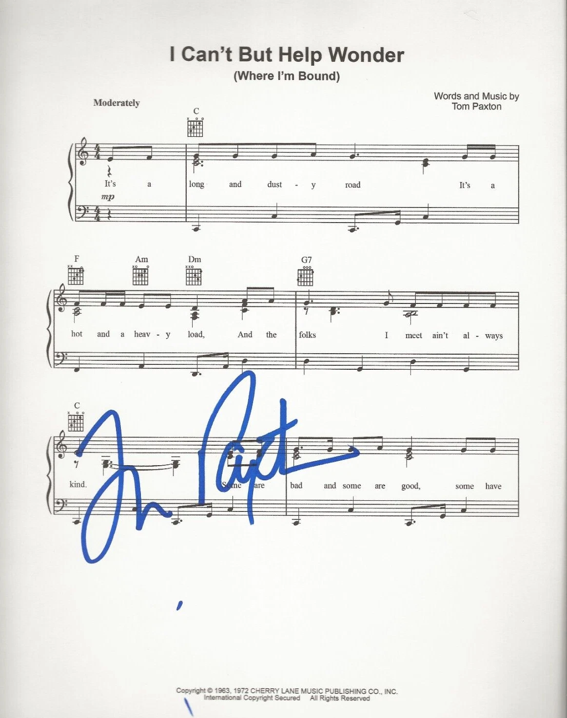 Tom Paxton REAL SIGNED I Can't But Help Wonder Sheet Music COA Autographed