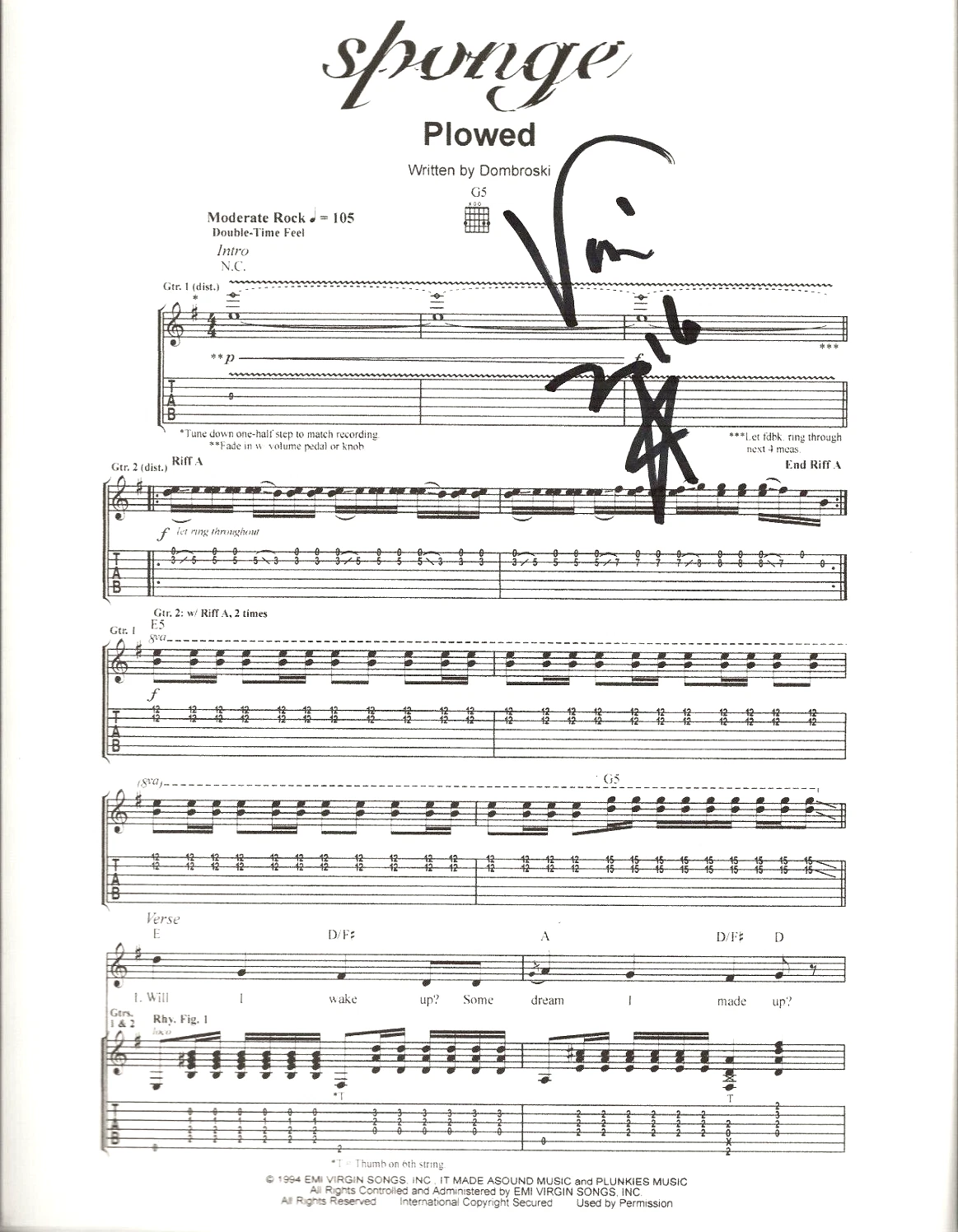 Vinnie Dombroski of Sponge REAL SIGNED Plowed Sheet Music #3 COA Autographed