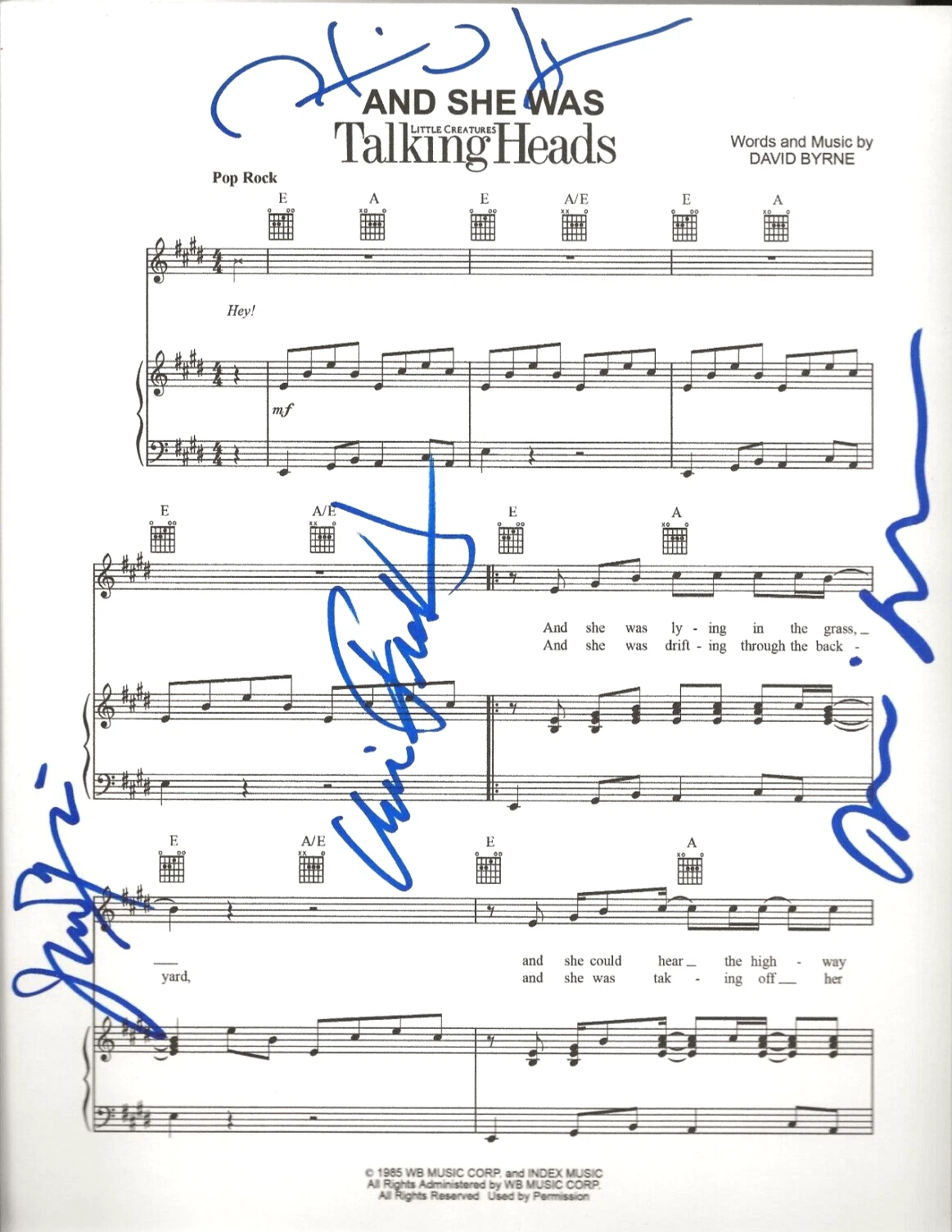 Talking Heads REAL SIGNED And She Was Sheet Music COA David Jerry Chris Tina