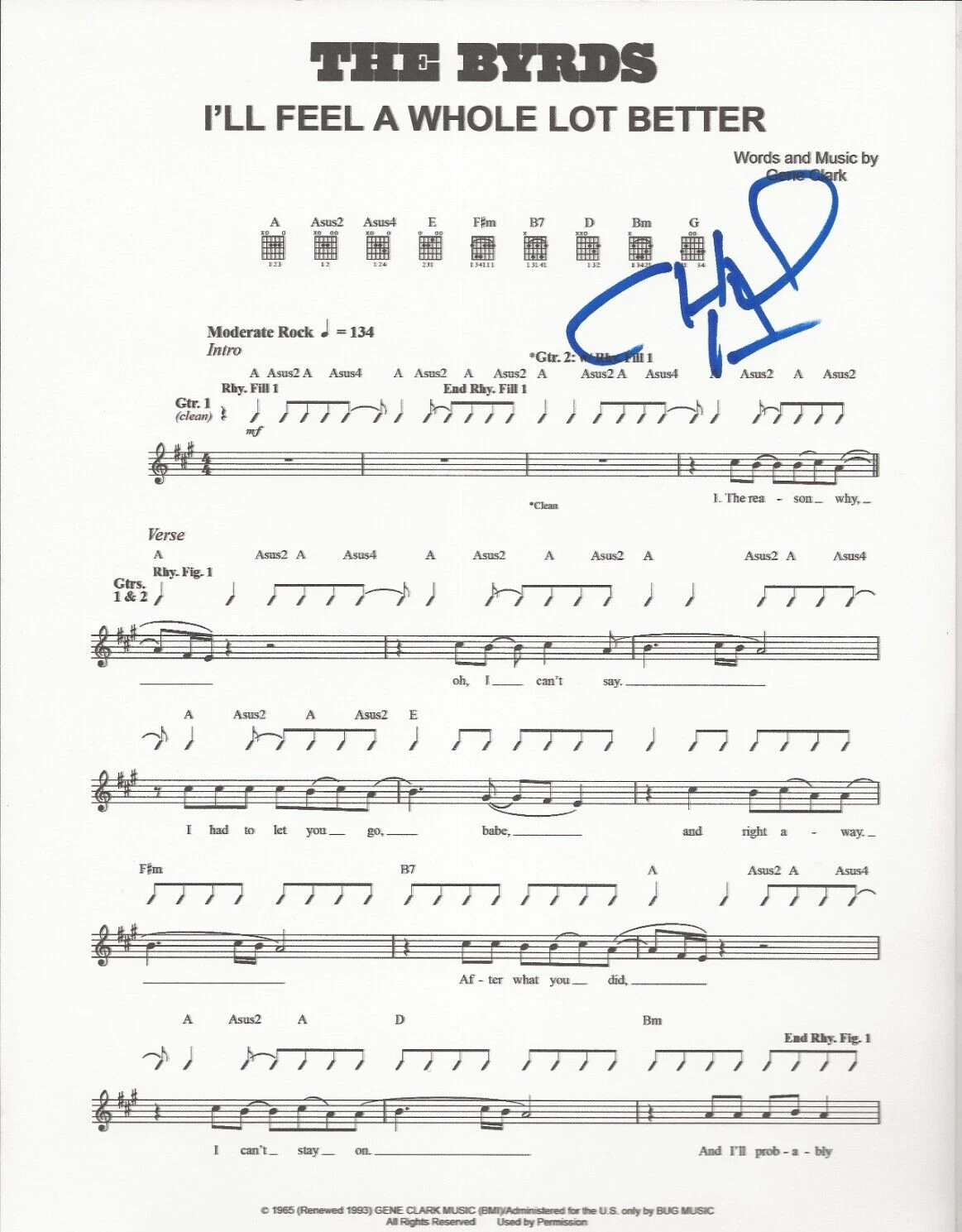 Chris Hillman of The Byrds SIGNED I'll Feel A Whole Lot Better Sheet Music COA