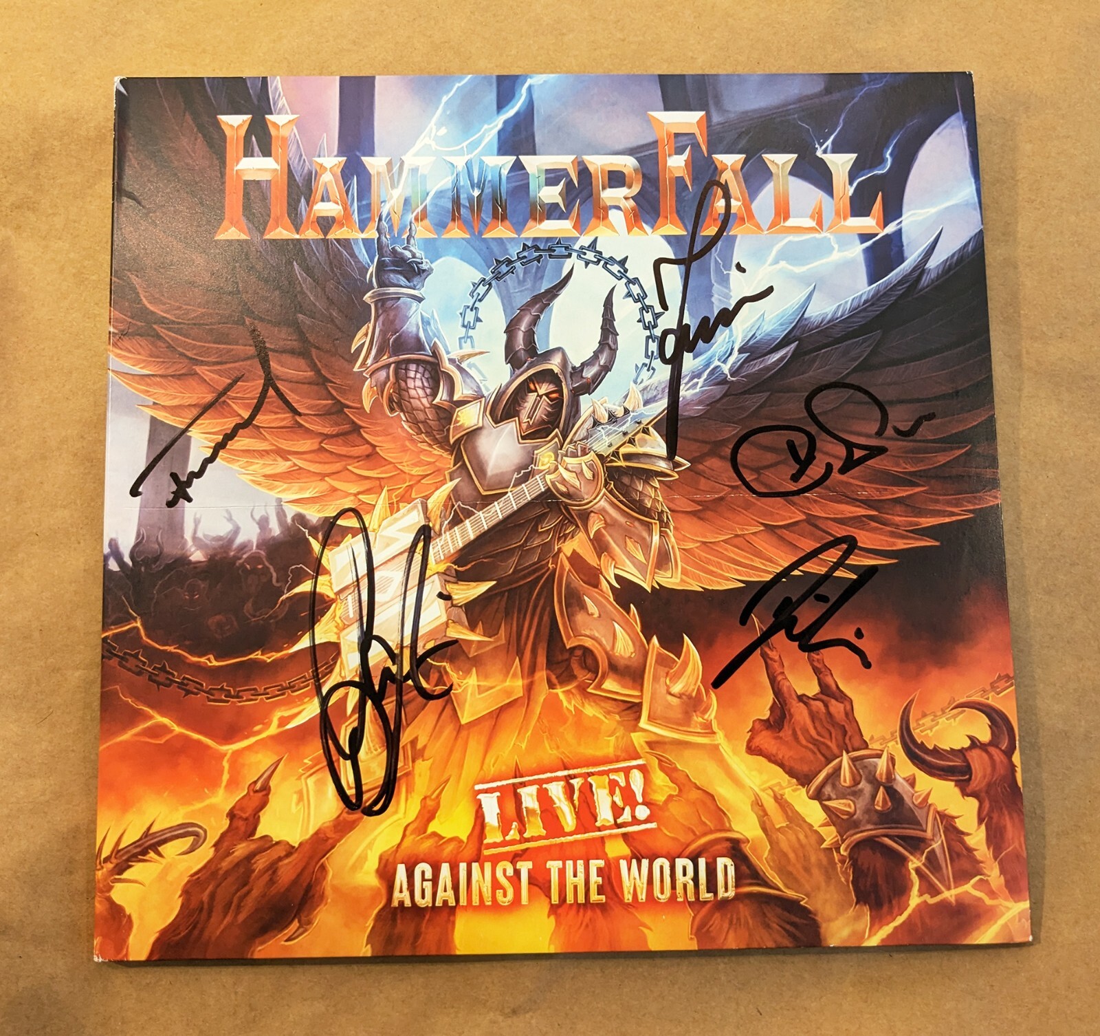 HammerFall REAL hand SIGNED Live Against The World Record Sleeve COA Autographed