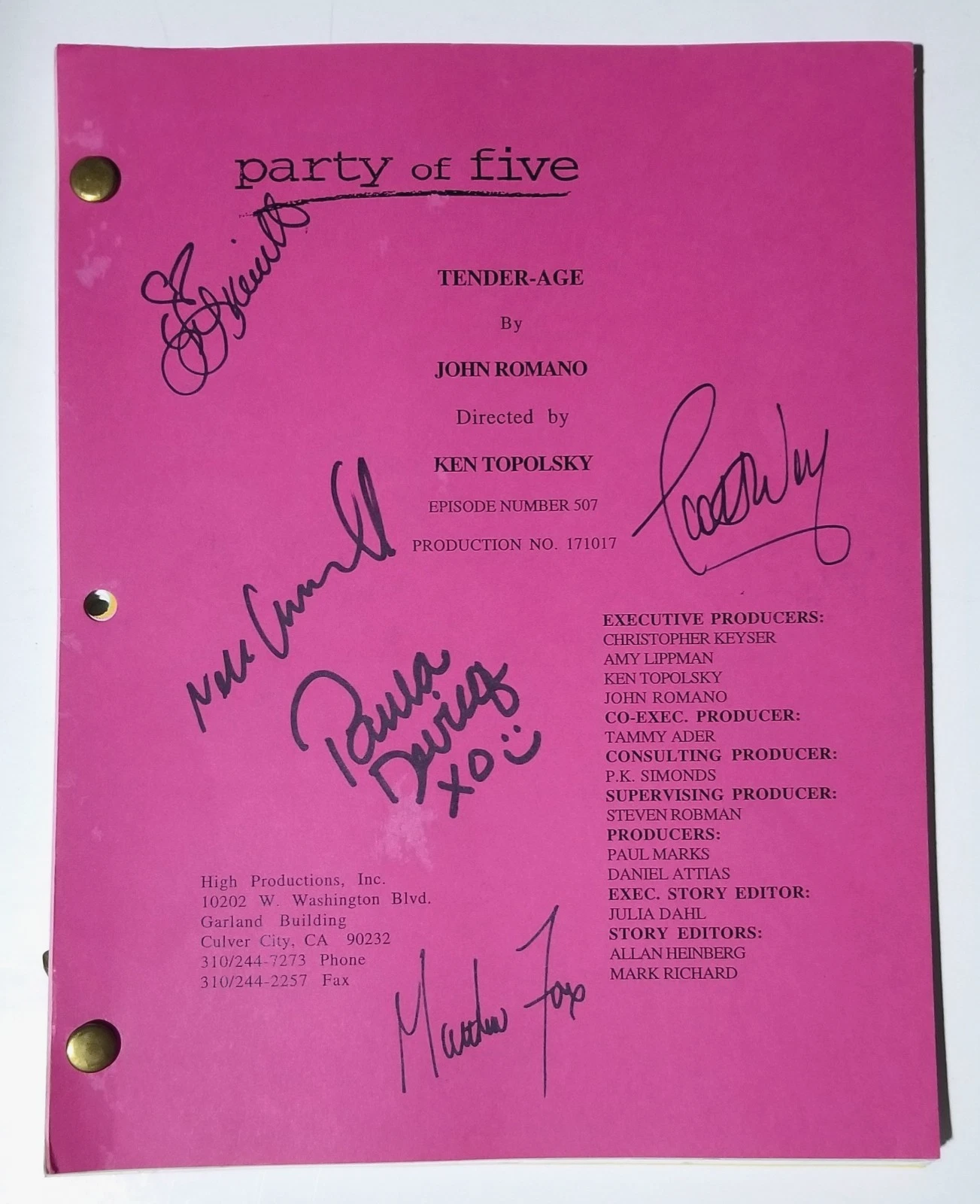 Party of Five cast SIGNED Episode #507 Script JSA COA Campbell Hewitt Wolf +2