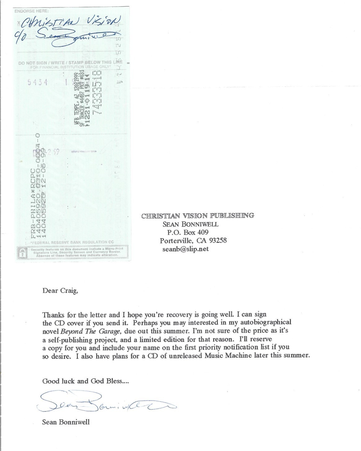 Sean Bonniwell REAL SIGNED Check & Letter COA Autographed The Music Machine RARE