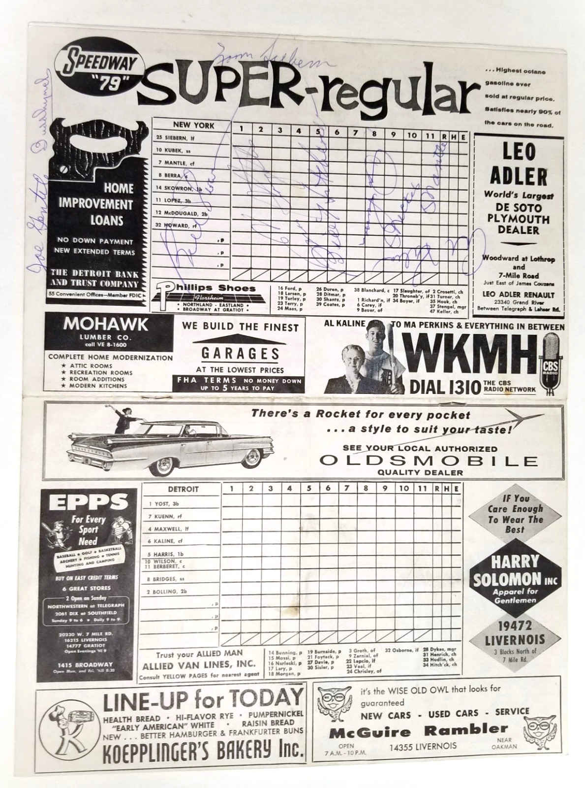 SIGNED 1959 Tigers Stadium Scorebook JSA LOA by Mickey Mantle Slaughter Kaline +