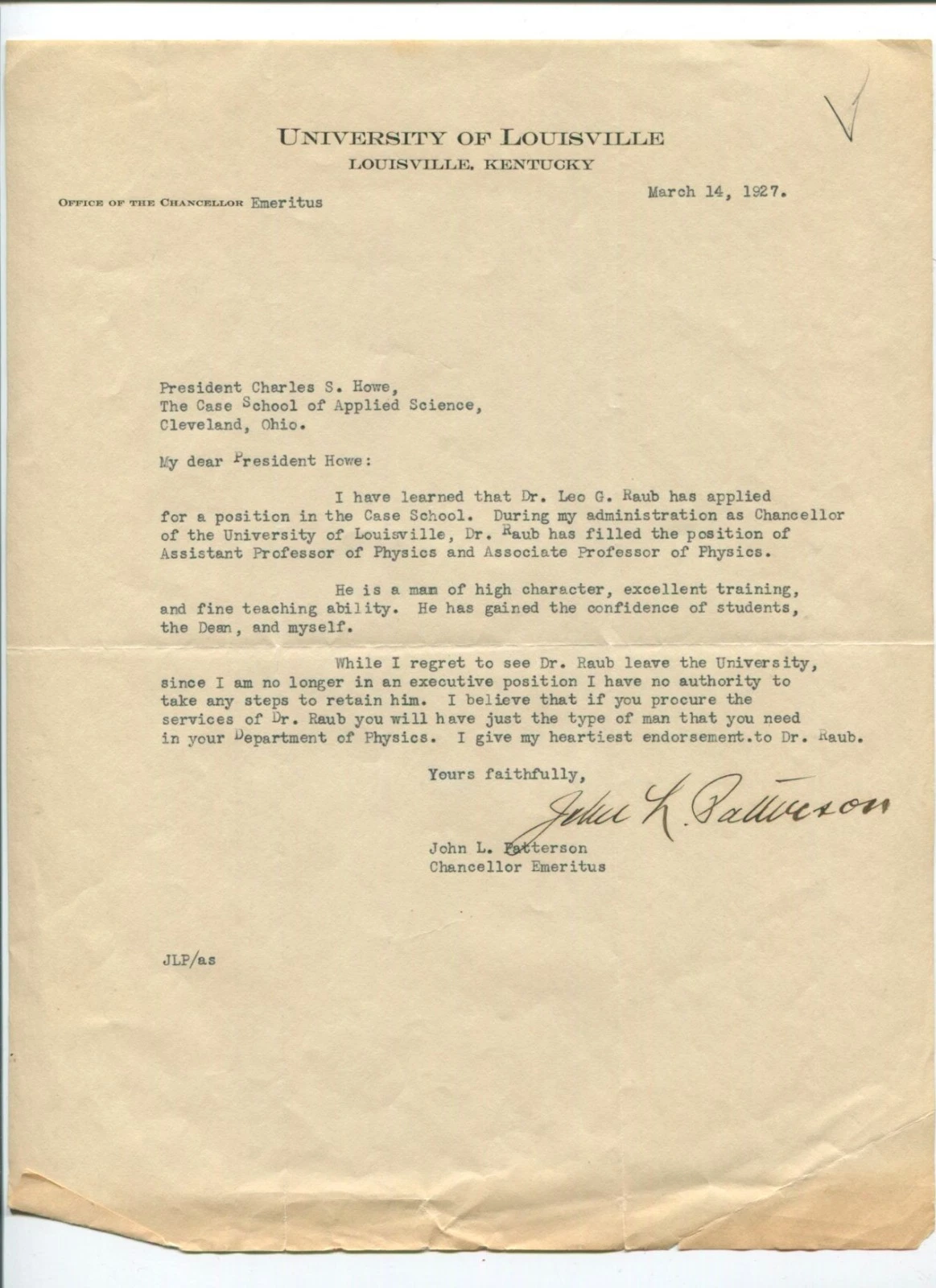 John Patterson University Louisville Chancellor Signed Autograph TSl