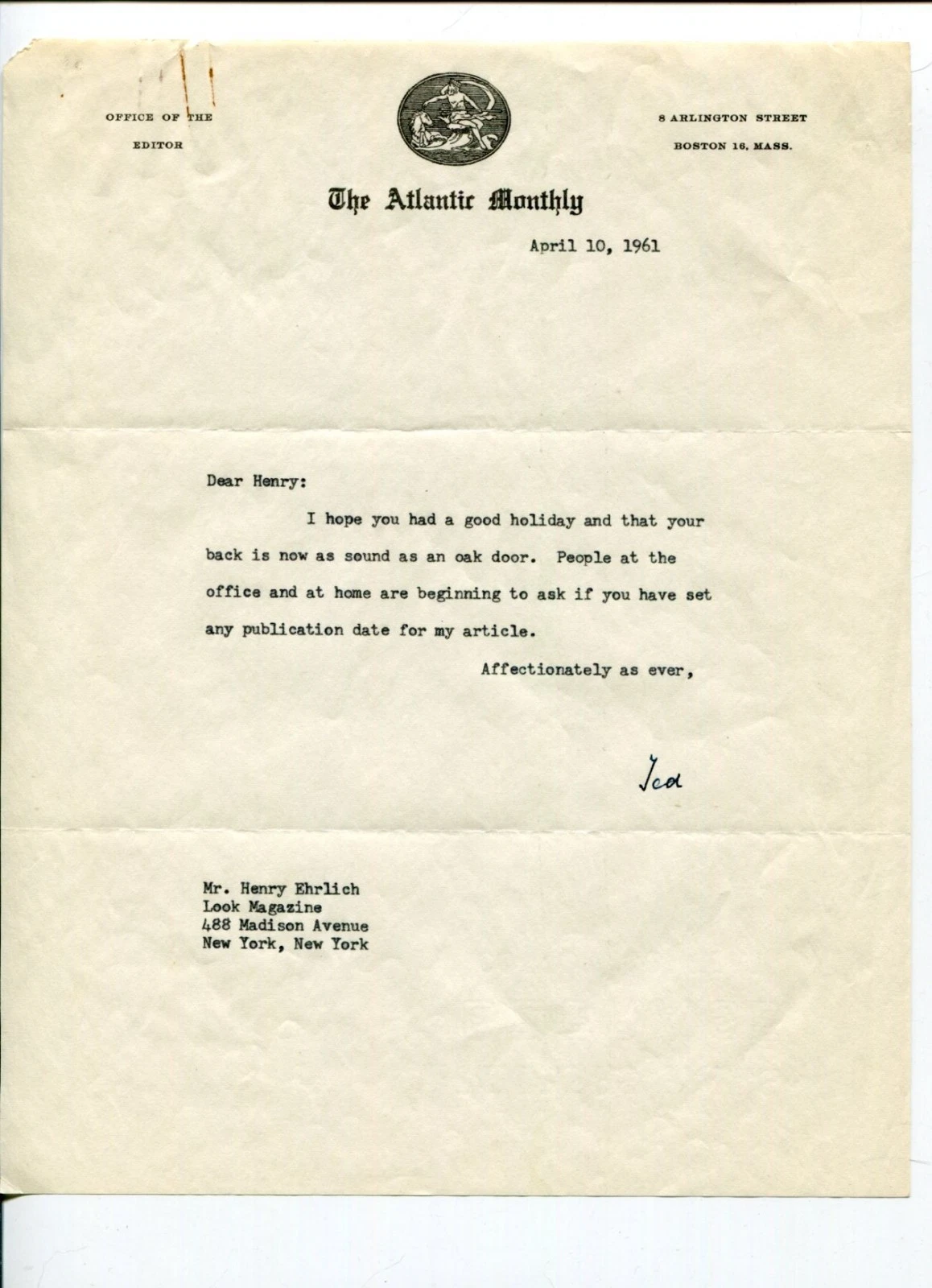 Edward A Weeks The Atlantic Monthly Editor Signed Autograph TSL