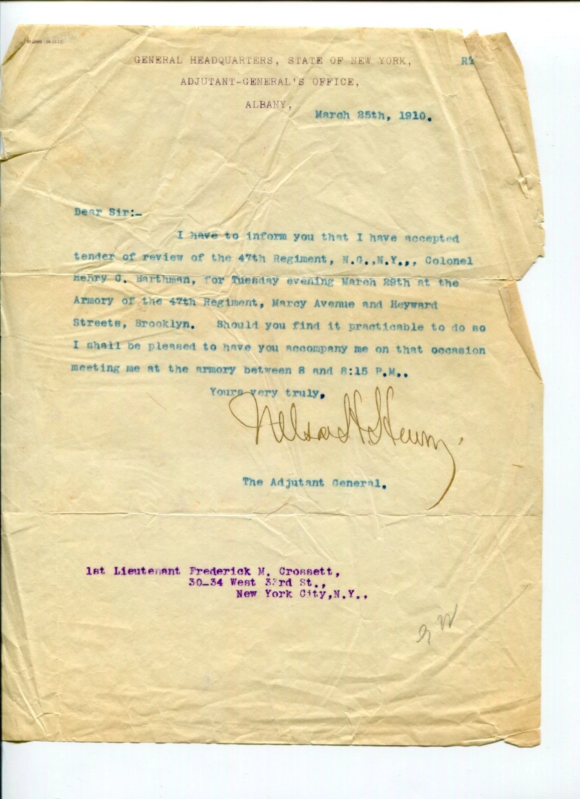 General Nelson H. Henry Adjutant-General NY New York 1910 Signed Autograph TSL