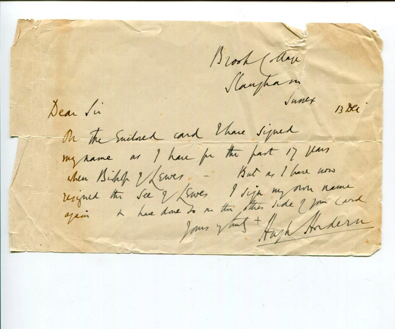 Hugh Hordern Bishop of Lewes Clergy Signed Autograph ALS