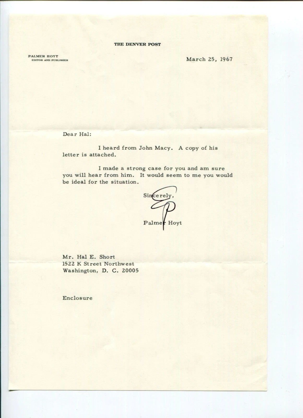 Edwin Palmer Hoyt Denver Post Editor Author Signed Autograph TSL