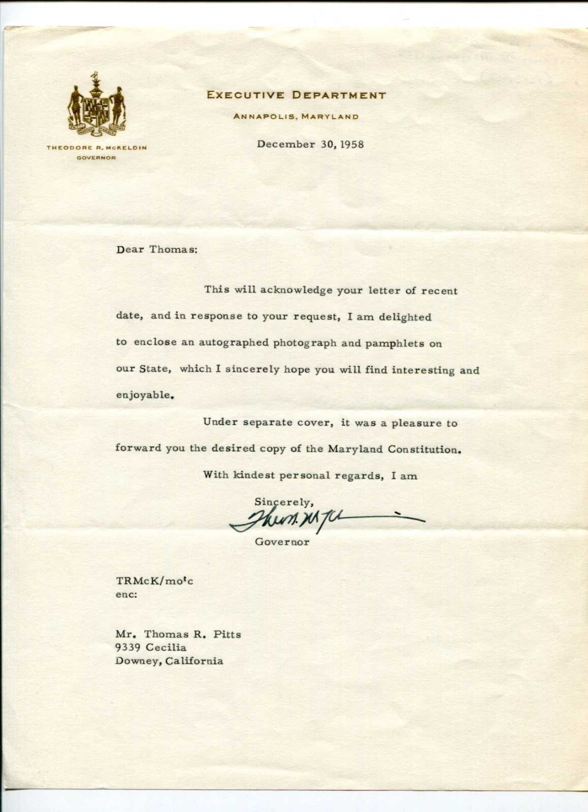 Theodore McKeldin Governor of Maryland Mayor of Baltimore Signed Autograph TSL