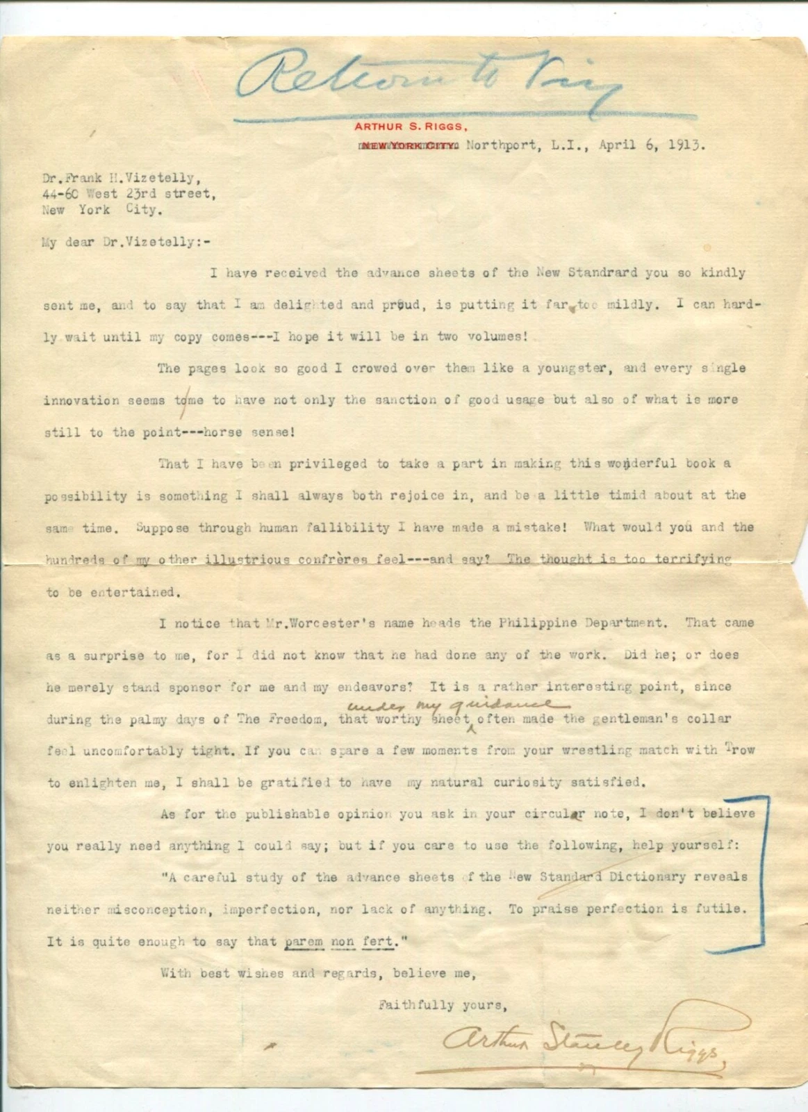 Arthur Stanley Riggs Author Historian Signed Autograph TSL