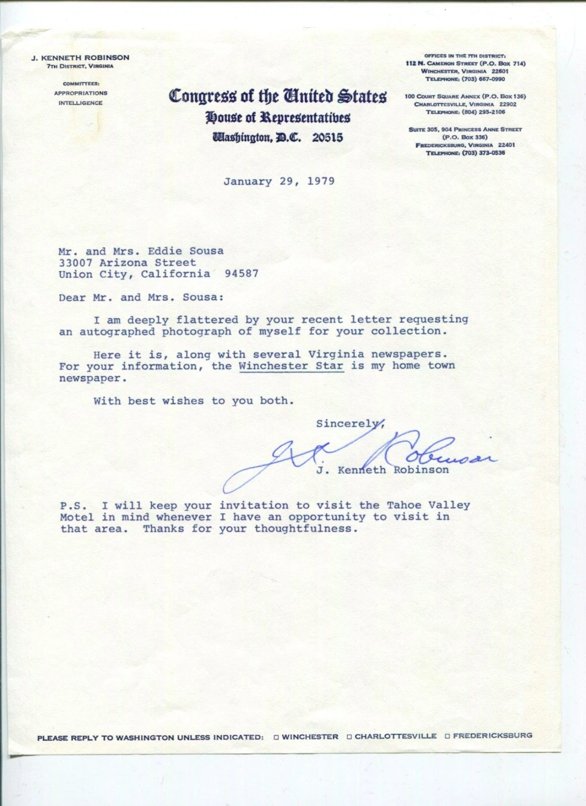 J Kenneth Robinson Virginia US Representative Congress Signed Autograph TS