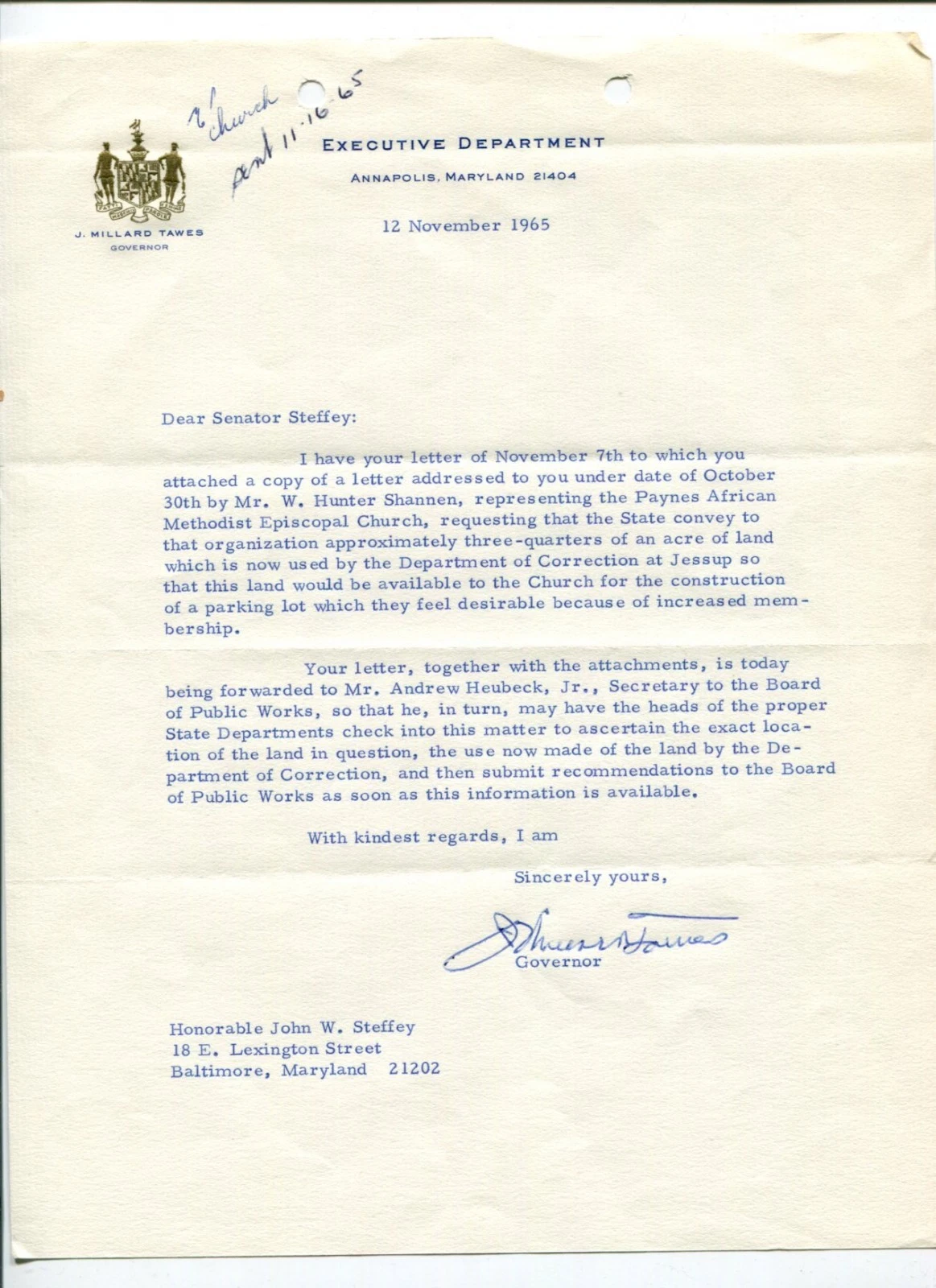 J Millard Tawes Governor of Maryland Signed Autograph TSL