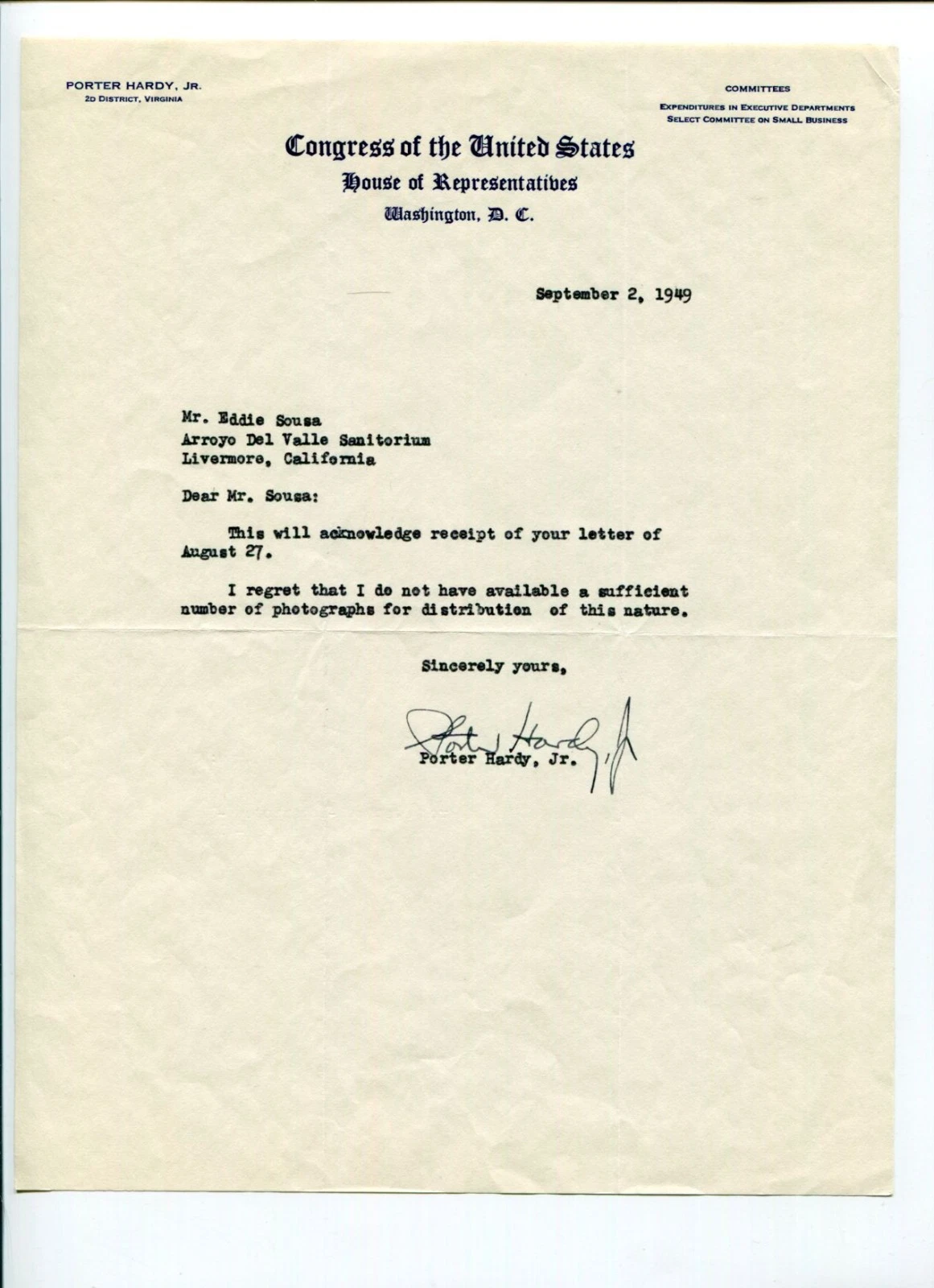 Porter Hardy Jr Virginia US Representative Congress Signed Autograph 1949 TSL