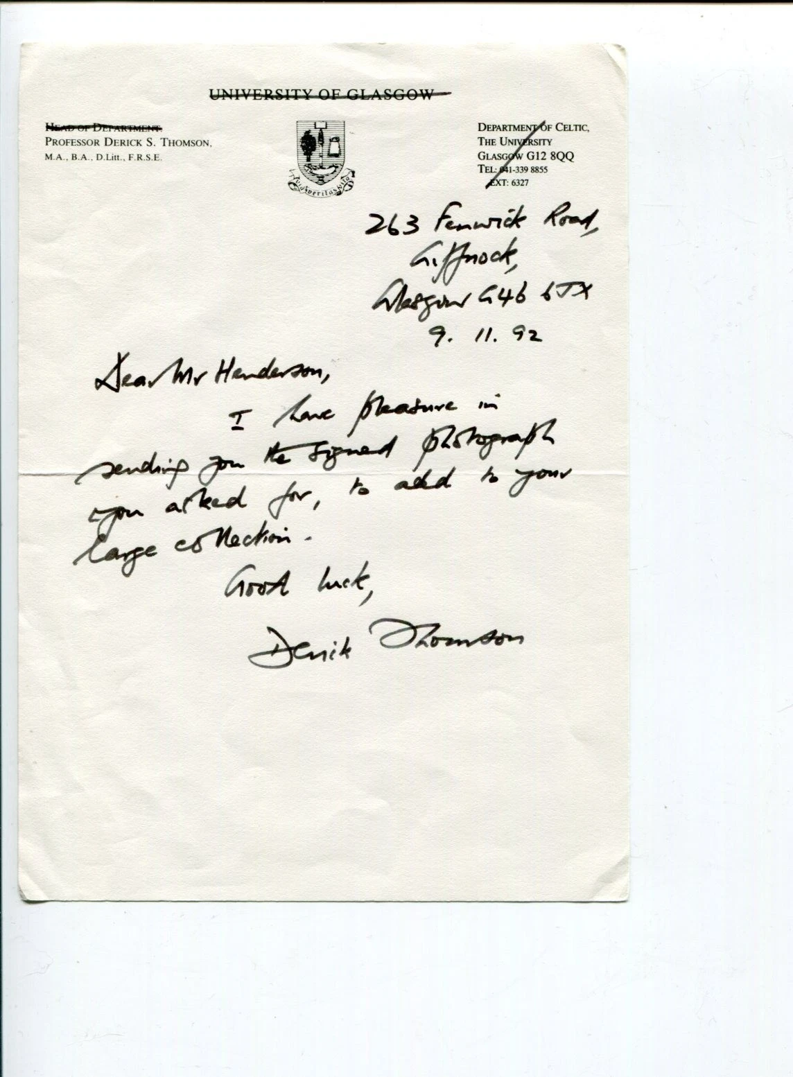 Derick S. Thomson Famous Scottish Poet Gairm Author Signed Autograph ALS