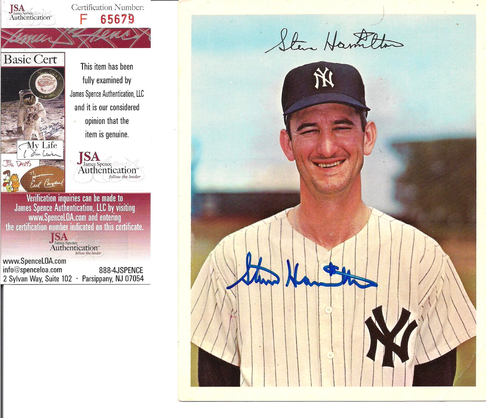 STEVE HAMILTON NEW YORK YANKEES AUTOGRAPHED DEXTER PRESS POSTCARD W/JSA CERT.