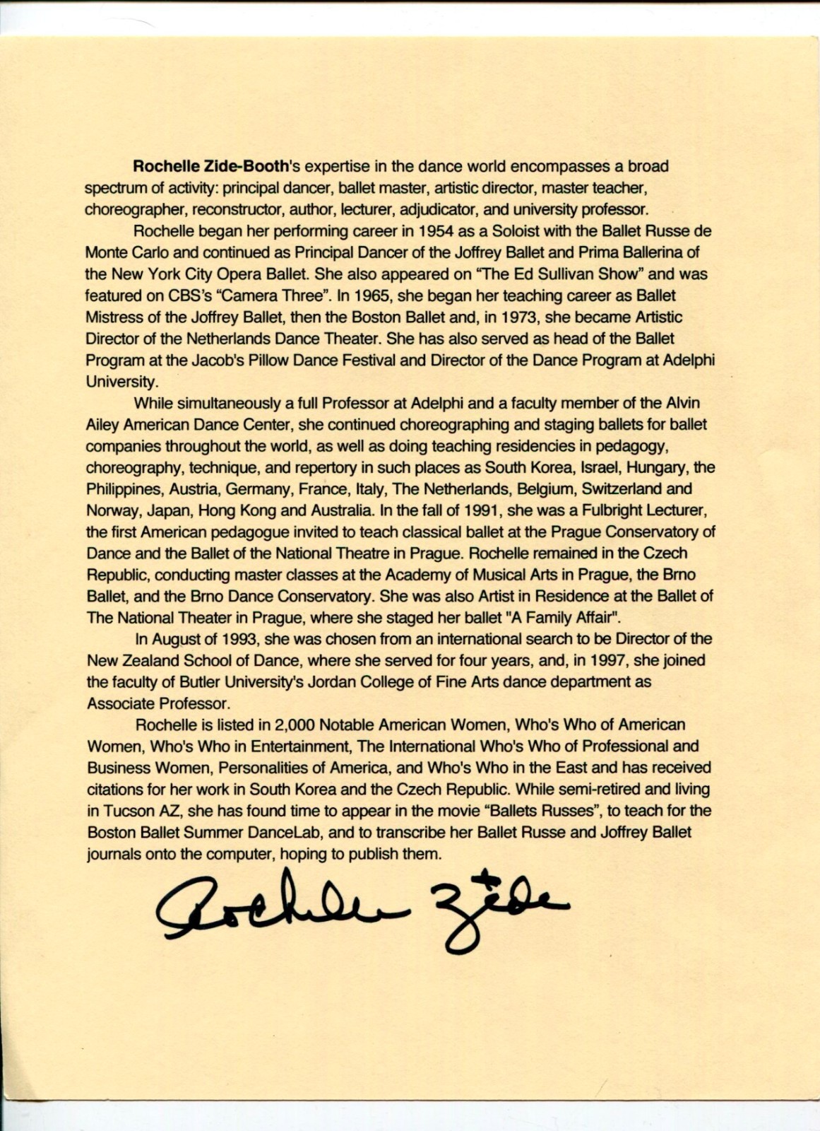 Rochelle Zide-Booth Ballet Russe Joffrey Rare Signed Autograph Biography