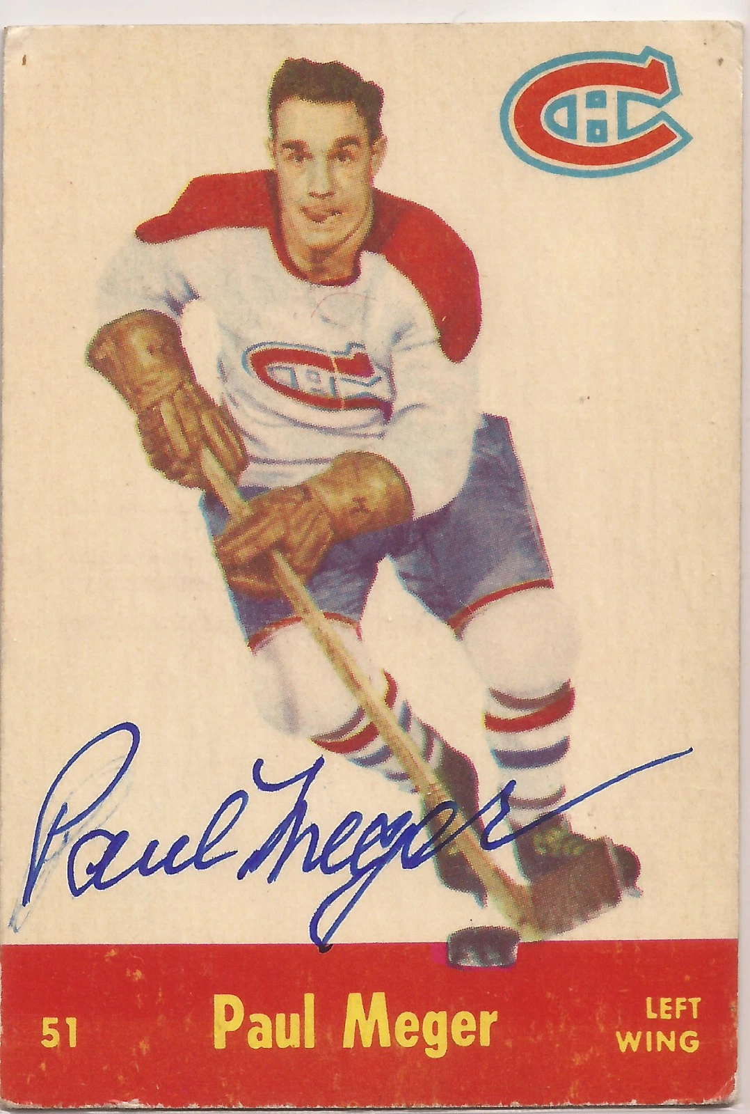 Paul Meger Signed 1955-56 Parkhurst Card #51 Montreal Canadiens