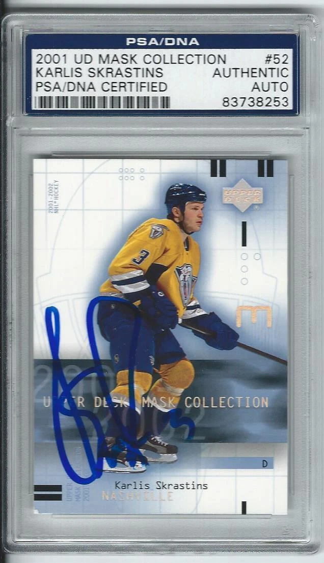 KARLIS SKRASTINS SIGNED 2001-02 UPPER DECK MASK COLLECTION CARD #52 PSA/DNA