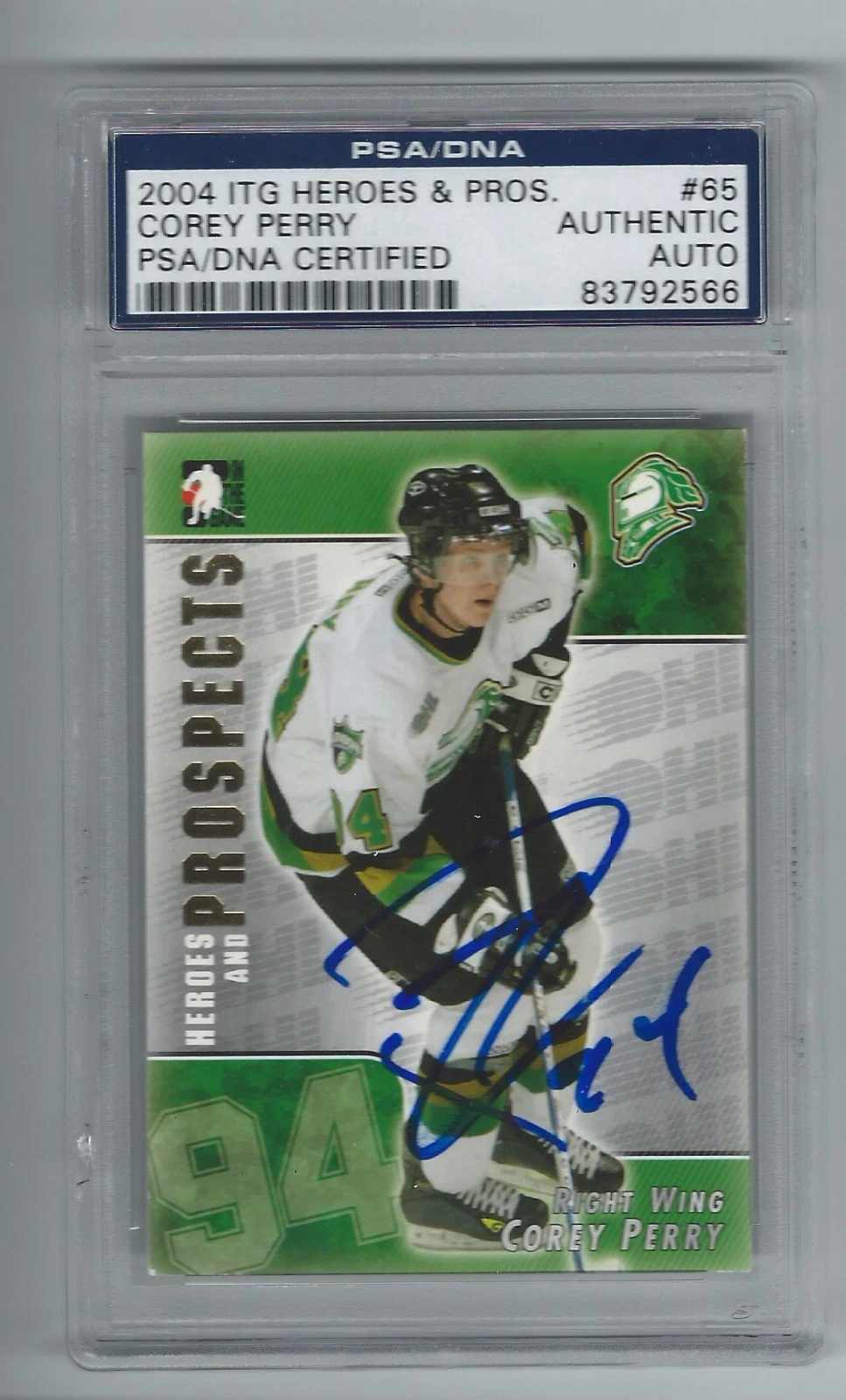 COREY PERRY SIGNED 2004/05 HEROES AND PROSPECTS CARD #65 PSA/DNA CERTIFIED