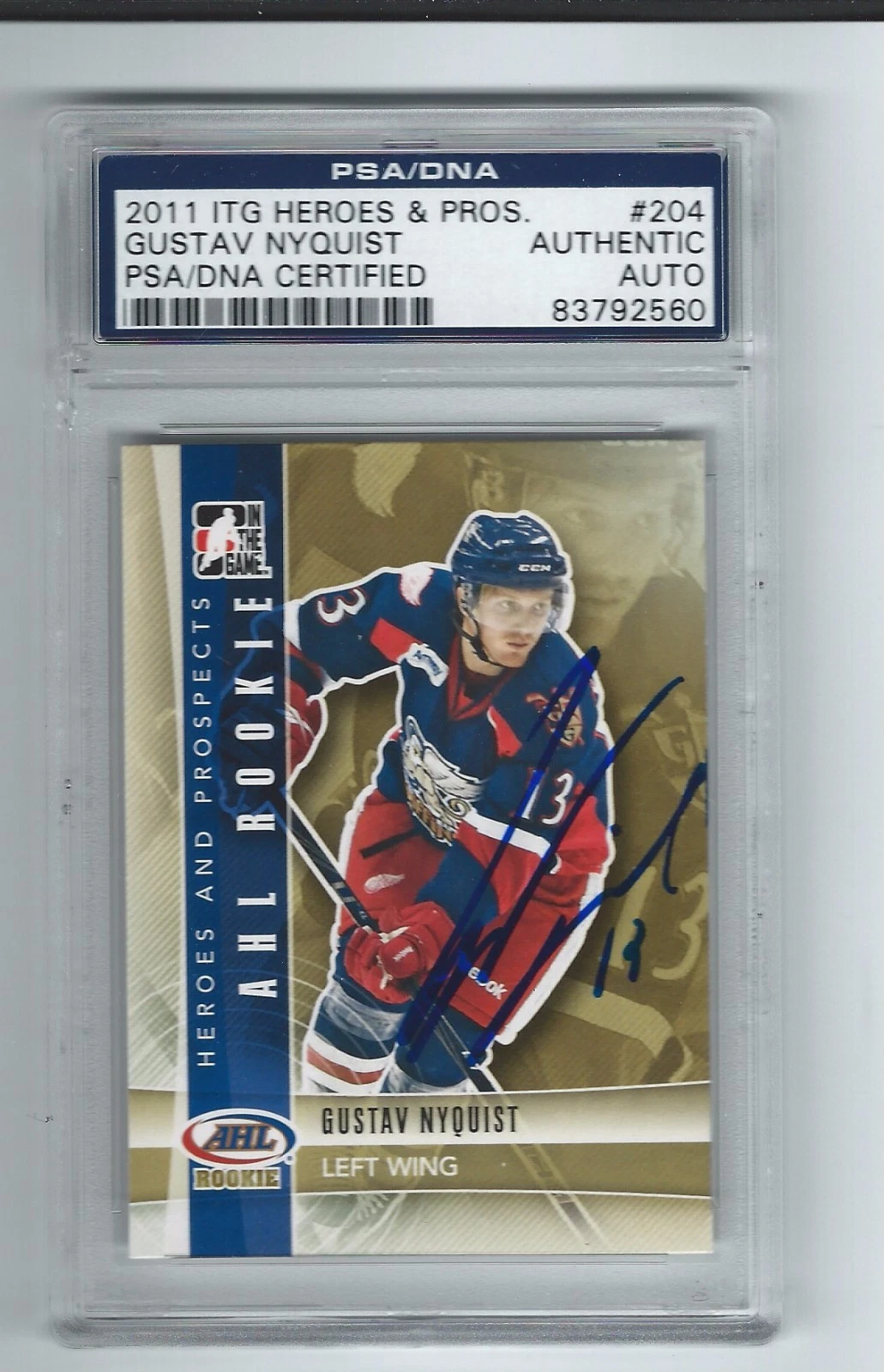GUSTAV NYQUIST SIGNED 2011/12 HEROES AND PROSPECTS CARD #204 PSA/DNA SHARKS