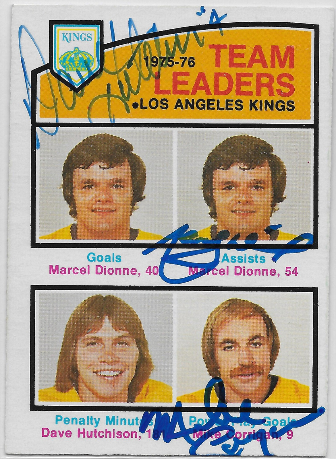 Marcel Dionne Mike Corrigan Dave Hutchison Signed 1976-77 OPC Leaders Card #386