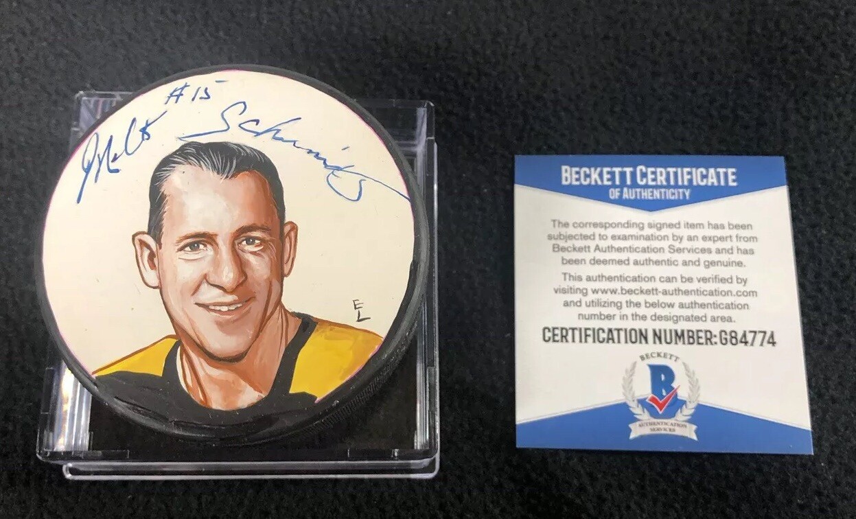 Milt Schmidt Signed Boston Bruins Custom Hand Painted Litho Puck Beckett COA