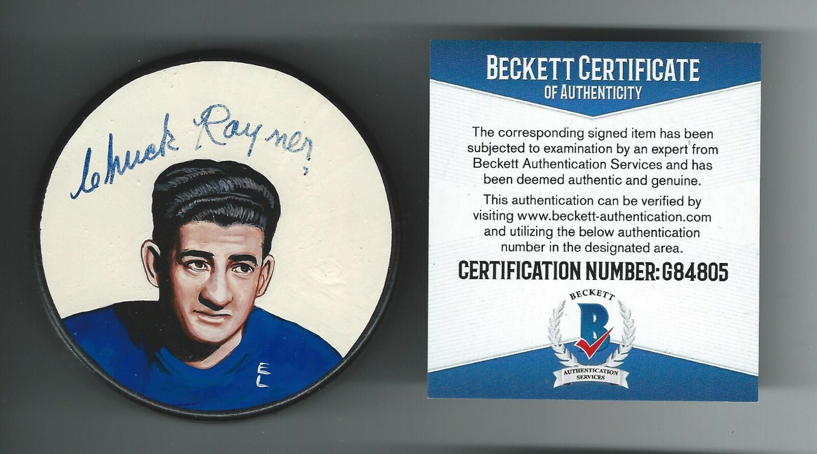 Chuck Rayner Signed New York Rangers Custom Hand Painted Litho Puck Beckett COA