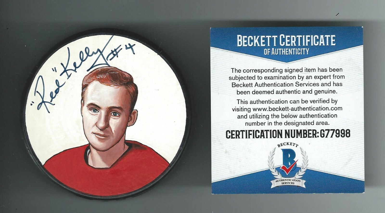 Red Kelly Signed Detroit Red Wings Custom Hand Painted Litho Puck Beckett COA