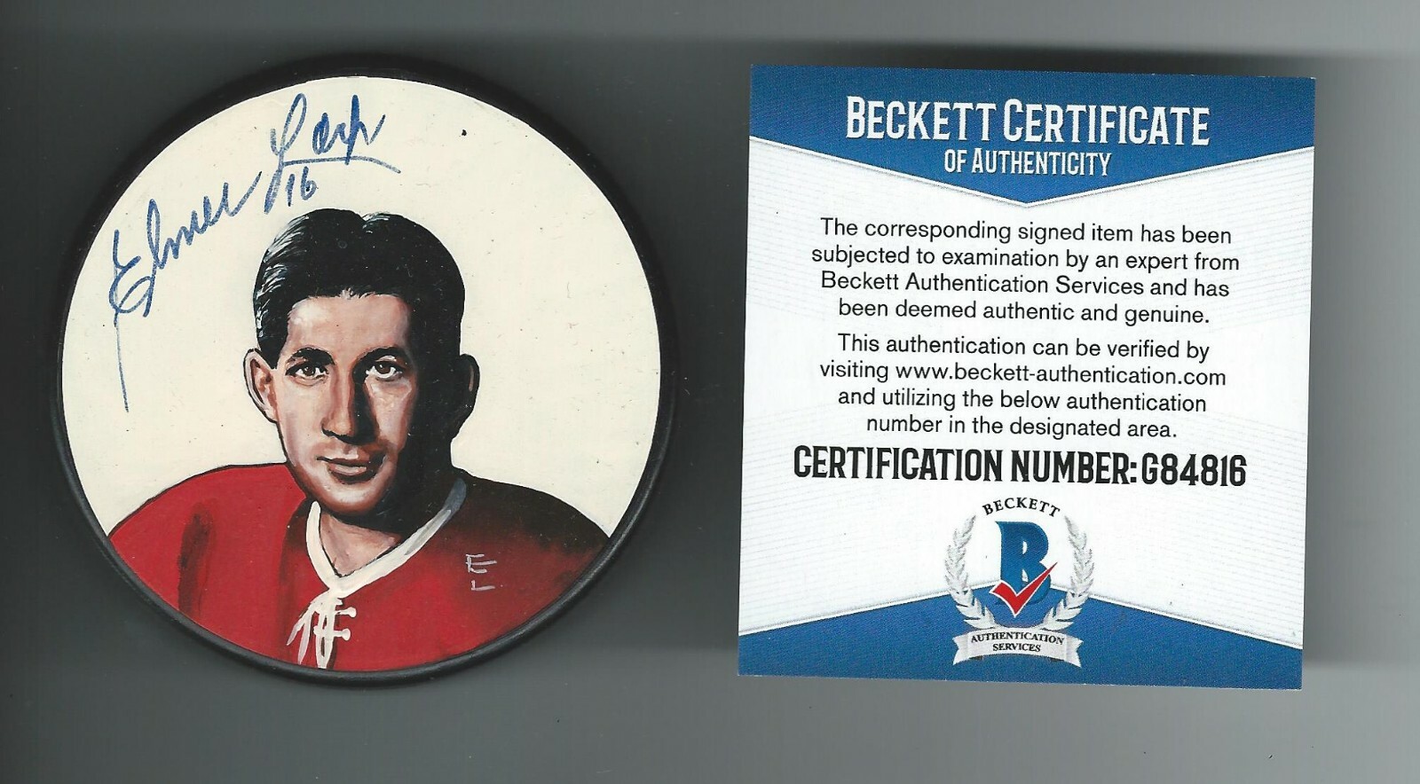 Elmer Lach Signed Montreal Canadiens Custom Hand Painted Litho Puck Beckett COA