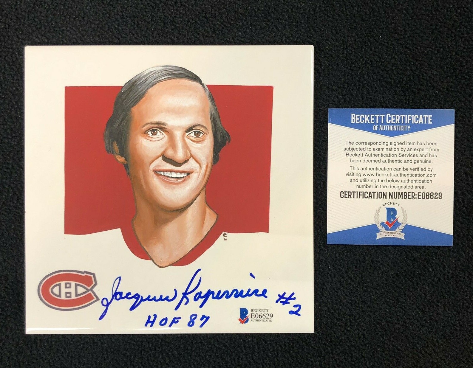 Jacques Laperriere Signed Montreal Canadiens Hand Painted Tile Beckett COA