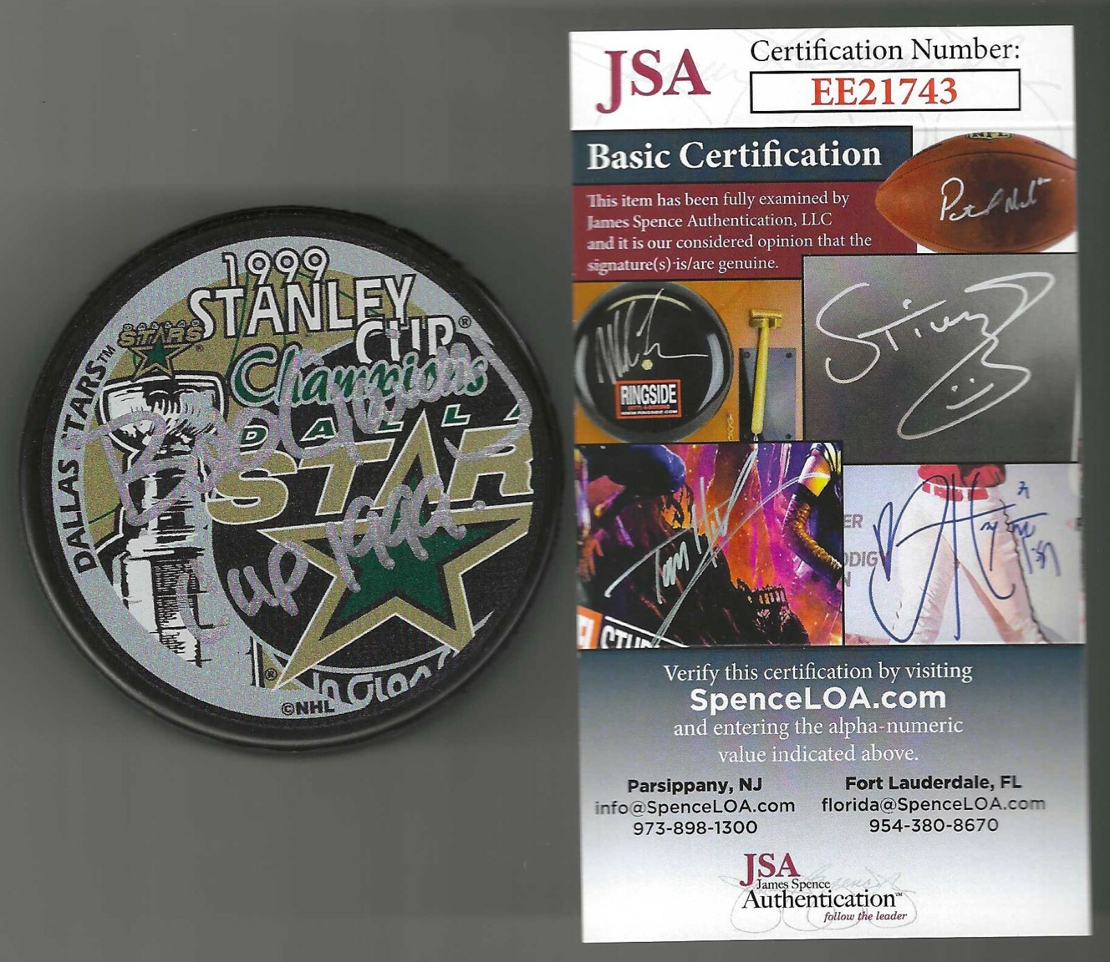 Bob Gainey Signed Inscribed Dallas Stars 1999 Stanley Cup Champions Puck JSA COA