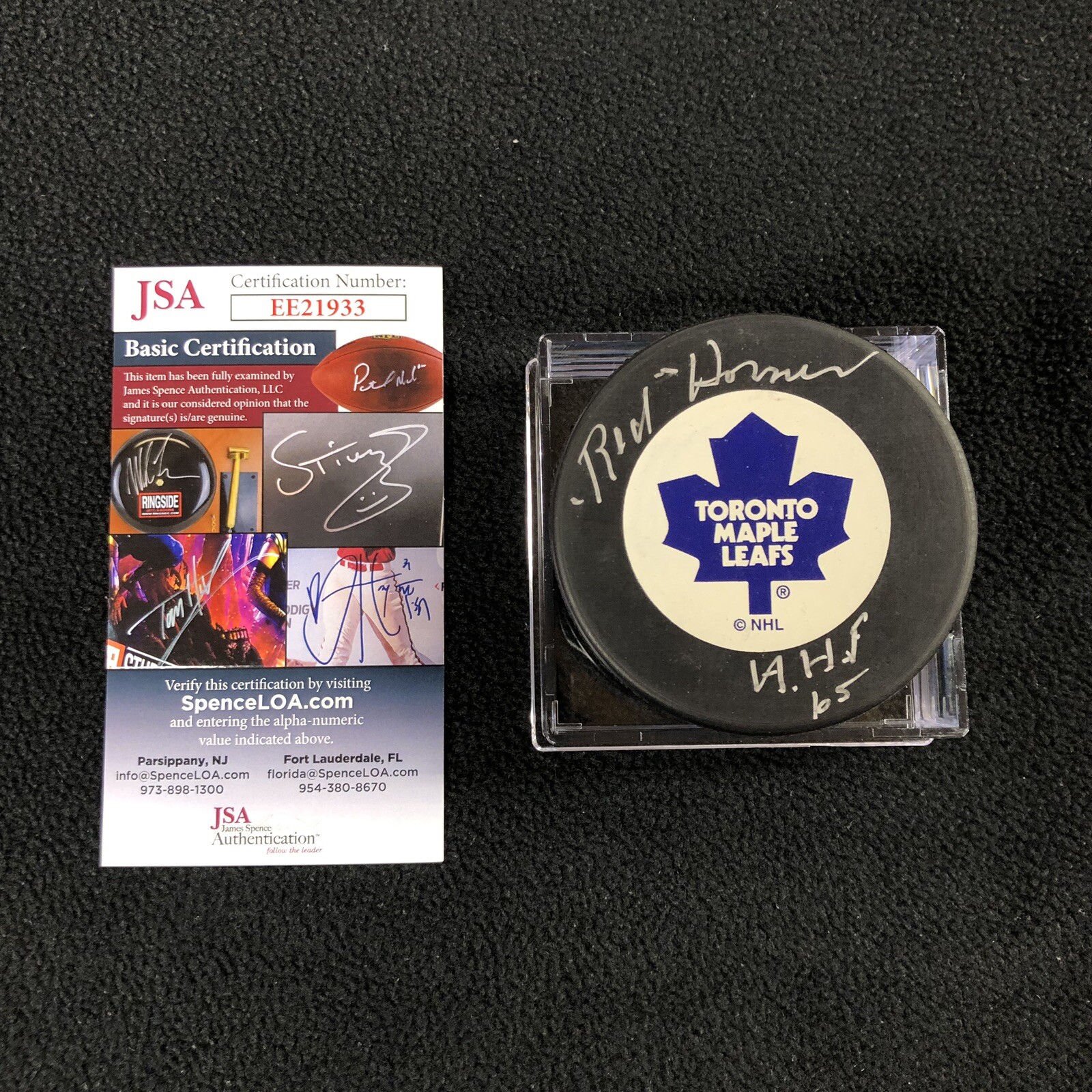 Red Horner Signed Toronto Maple Leafs Trench Puck JSA COA Authenticated EE21933