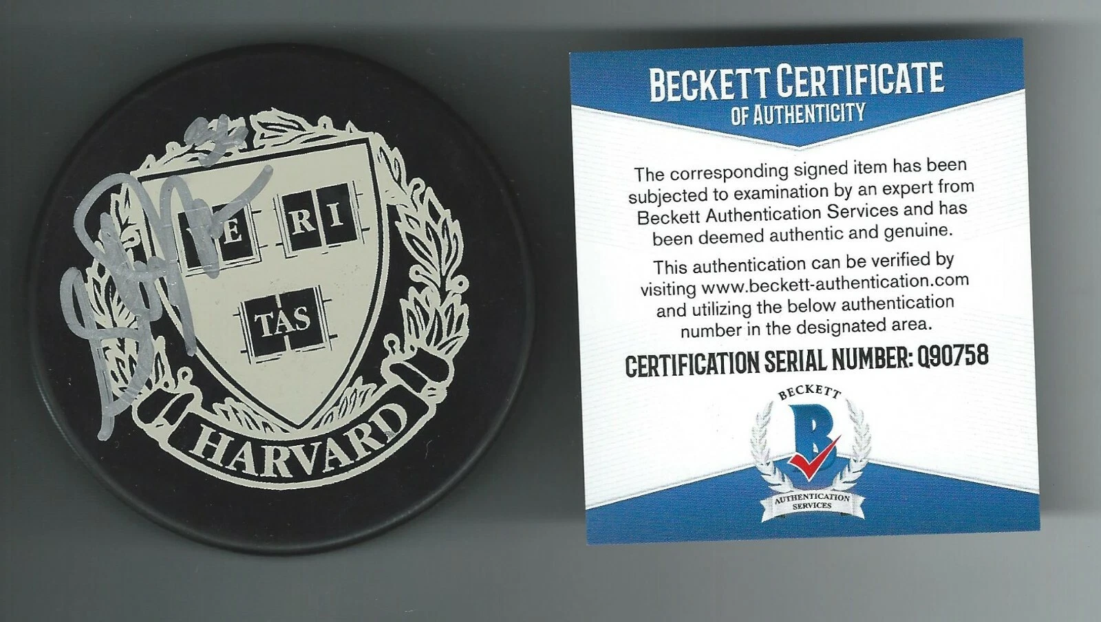 Steve Moore Signed Harvard Crimson Puck Beckett COA Colorado Avalanche