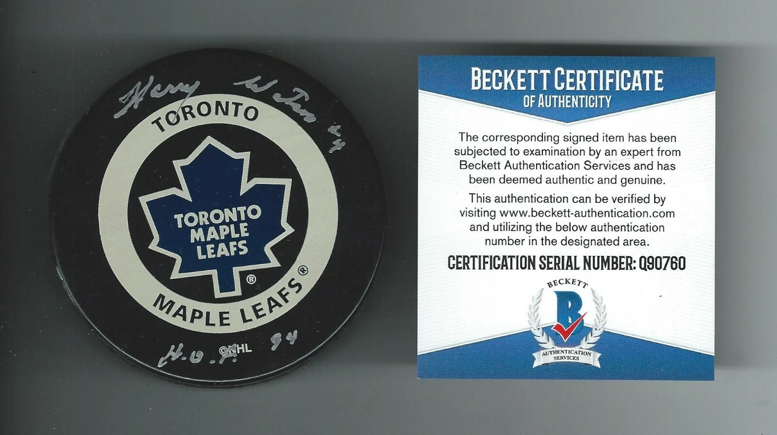 Harry Watson Signed Toronto Maple Leafs Official Game Puck Beckett COA