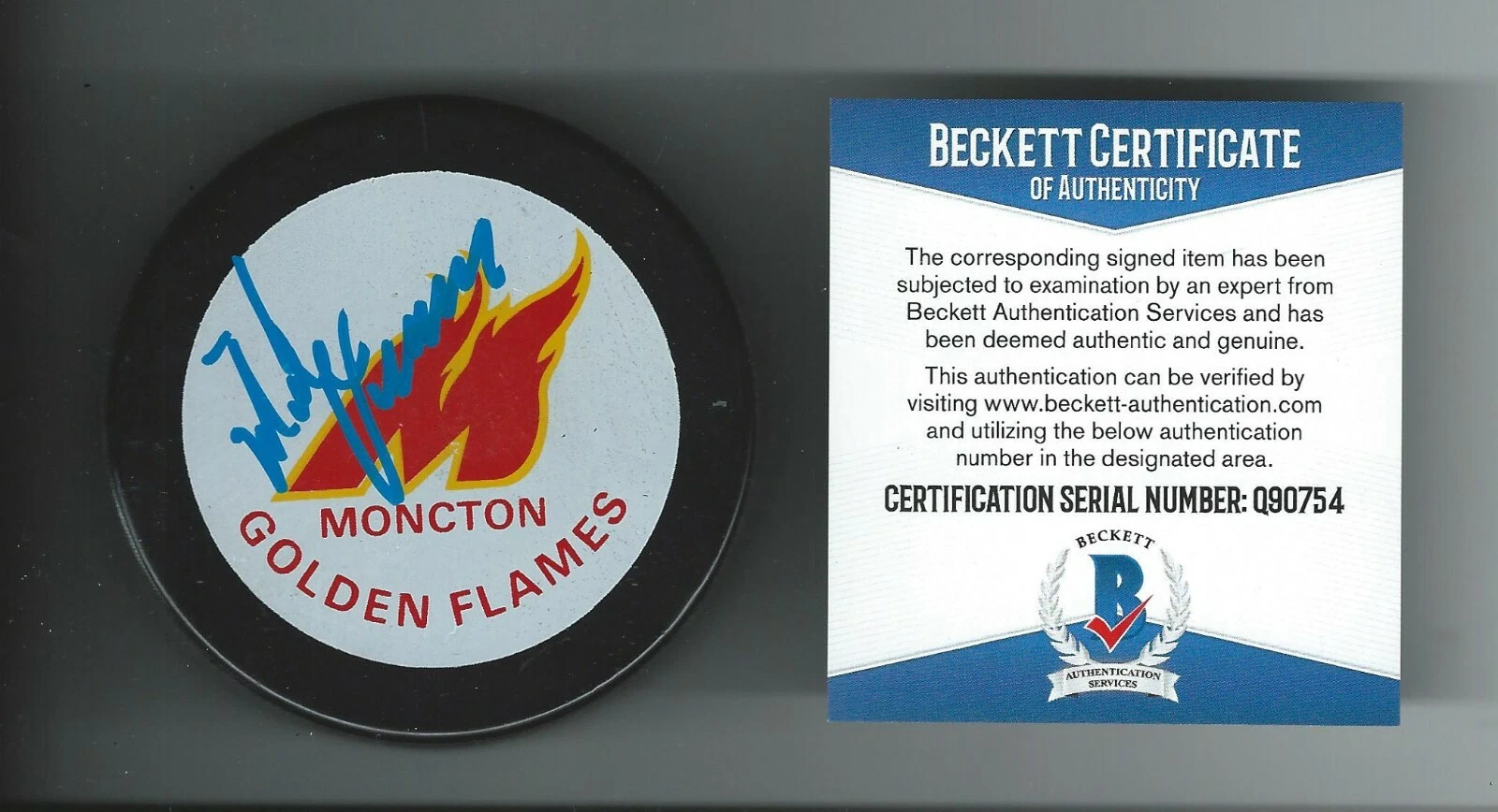 Mike Vernon Signed Moncton Golden Flames Puck Beckett COA Q90754 Calgary Flames