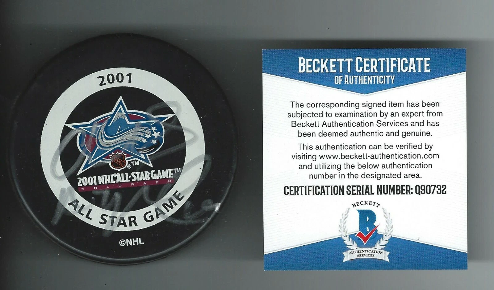 Markus Naslund Full Name Signed 01 All Star Game Puck Beckett COA Q90732 Canucks