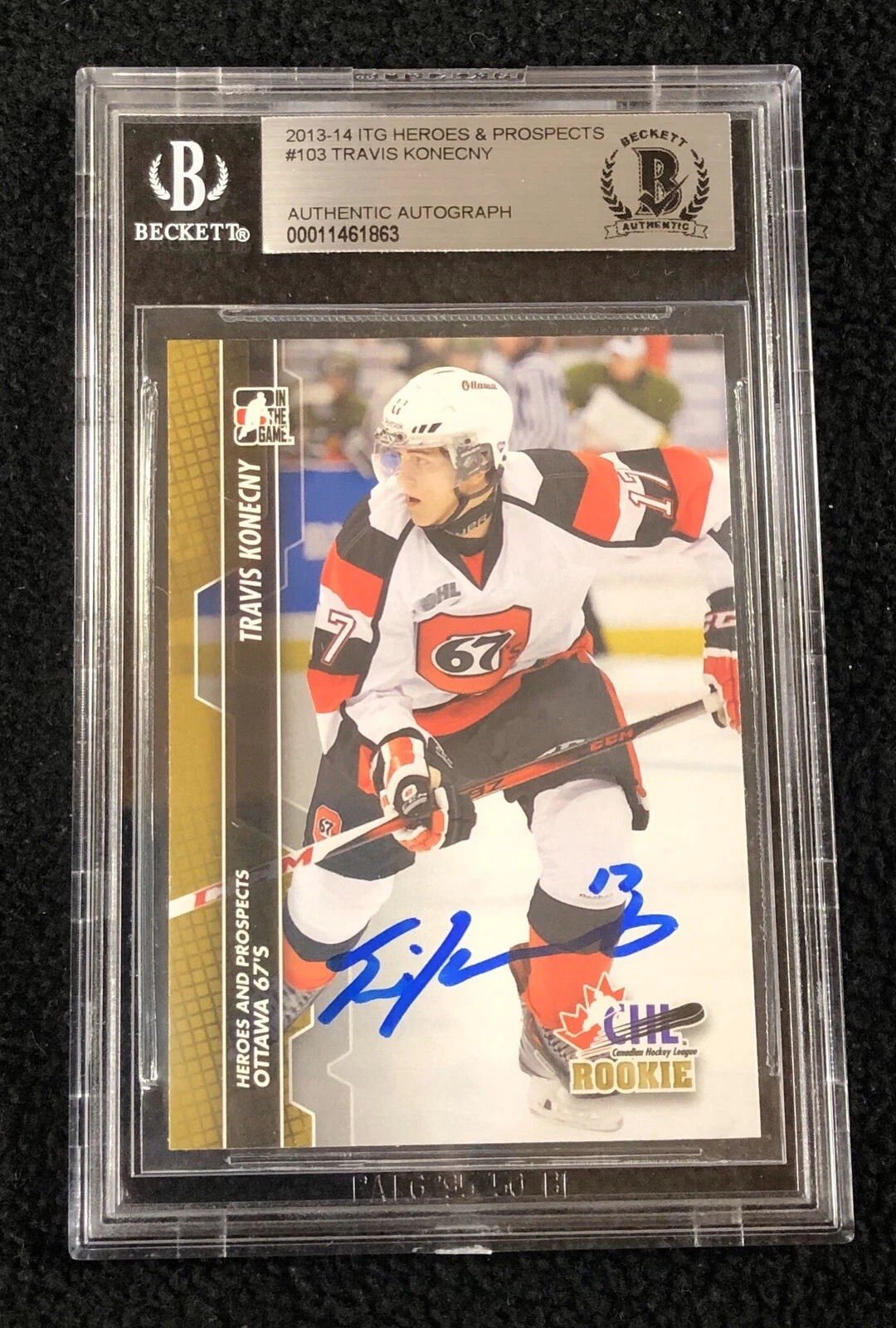 Travis Konecny Signed 2013/14 Heroes And Prospects Card Beckett Certified Flyers