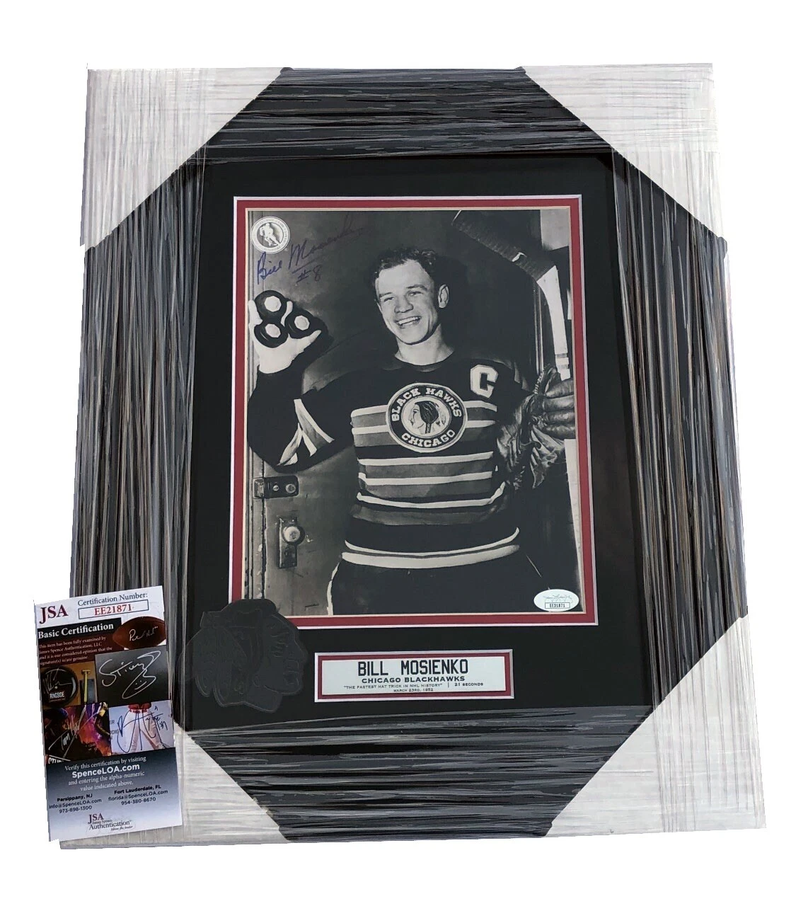 Bill Mosienko Signed Framed Blackhawks Fastest Hat Trick 8x10 Photo JSA COA