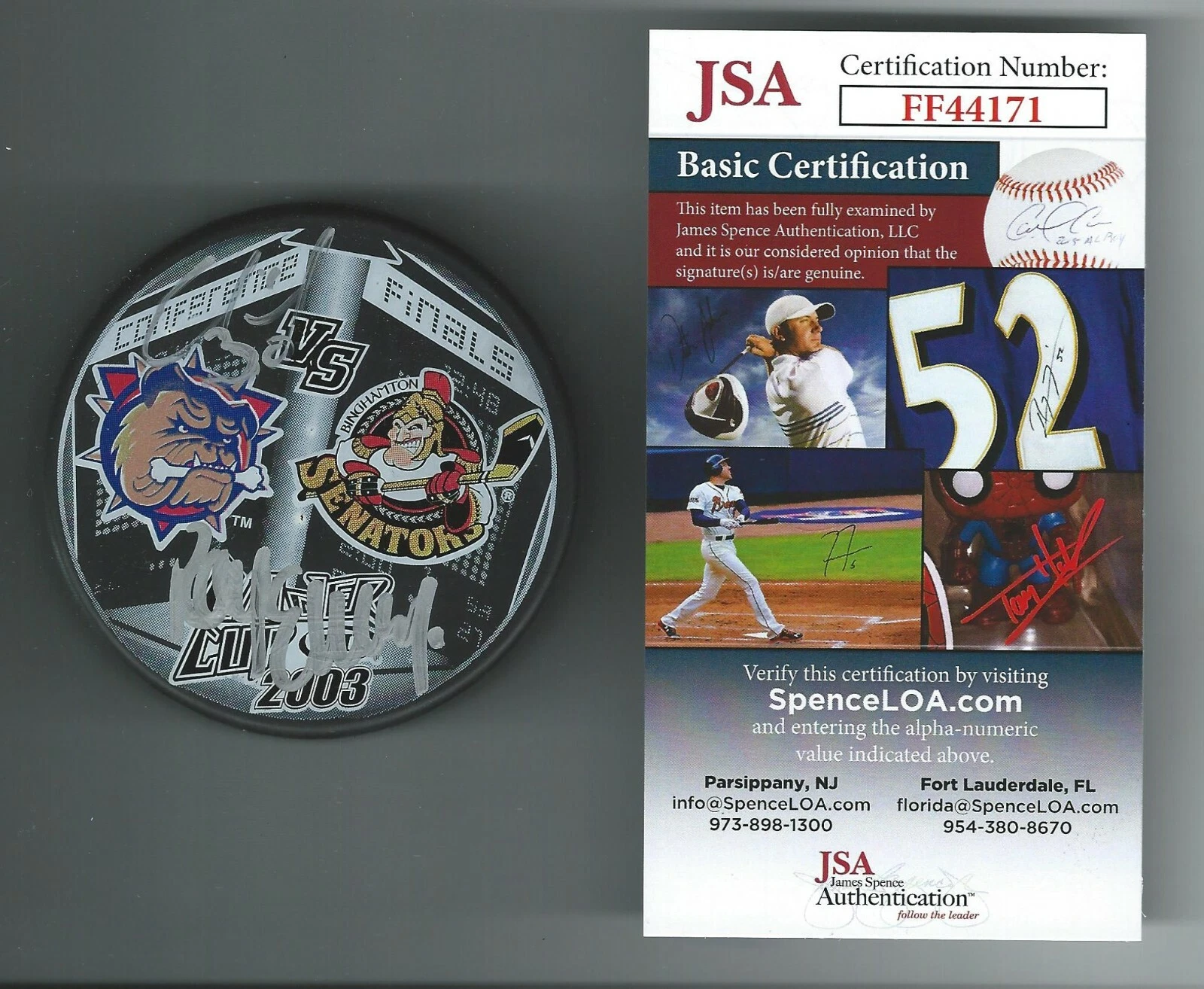 Ray Emery & Eric Fichaud Signed 2003 Calder Cup Playoffs Match-Up Puck JSA COA