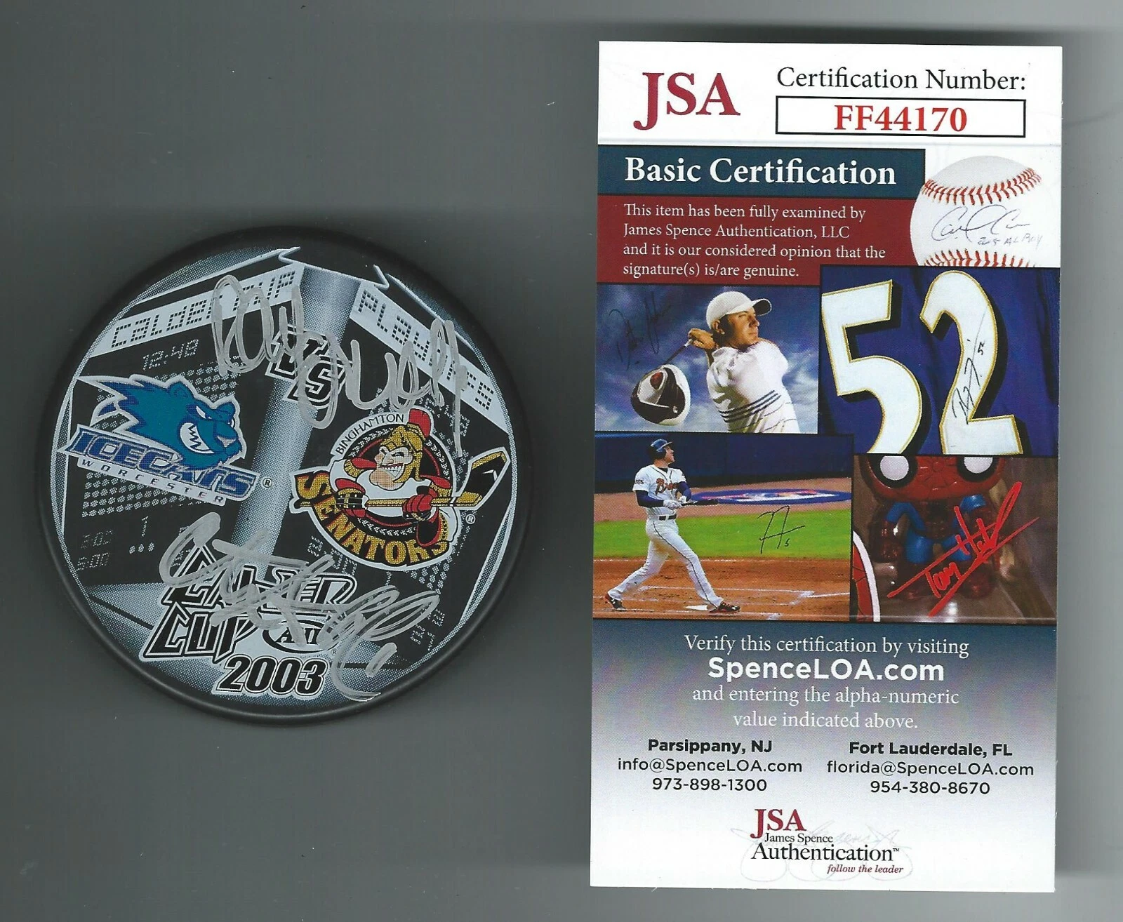 Ray Emery & Curtis Sanford Signed 2003 Calder Cup Playoffs Match-Up Puck JSA COA