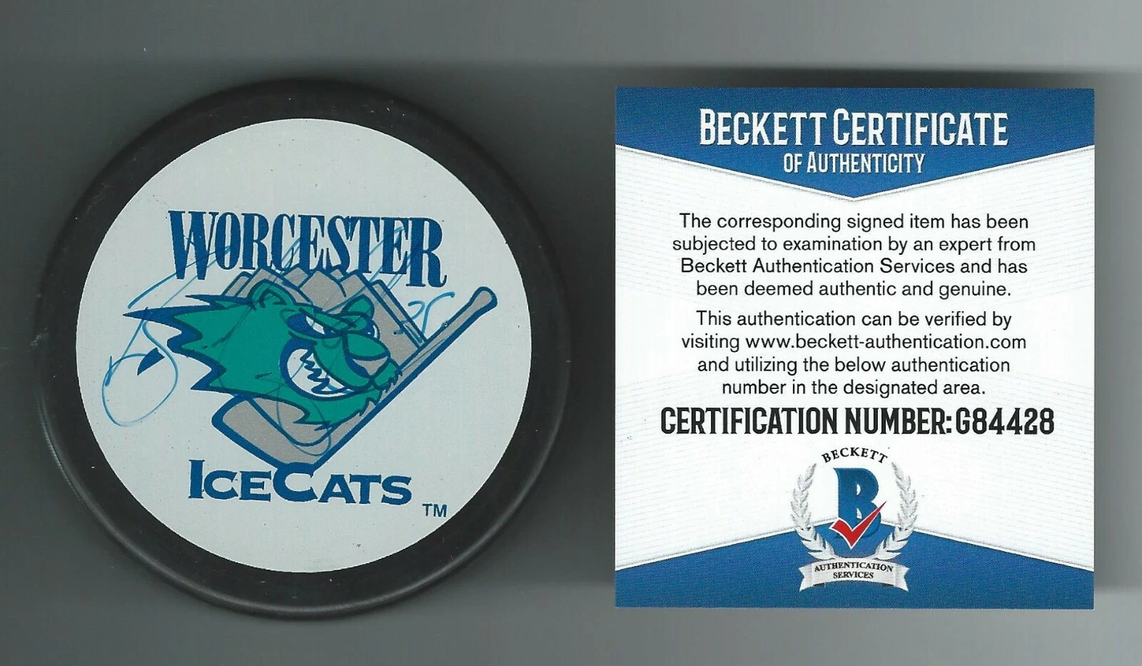 Brent Johnson Signed Worcester Ice Cats Puck Beckett COA Washington Capitals