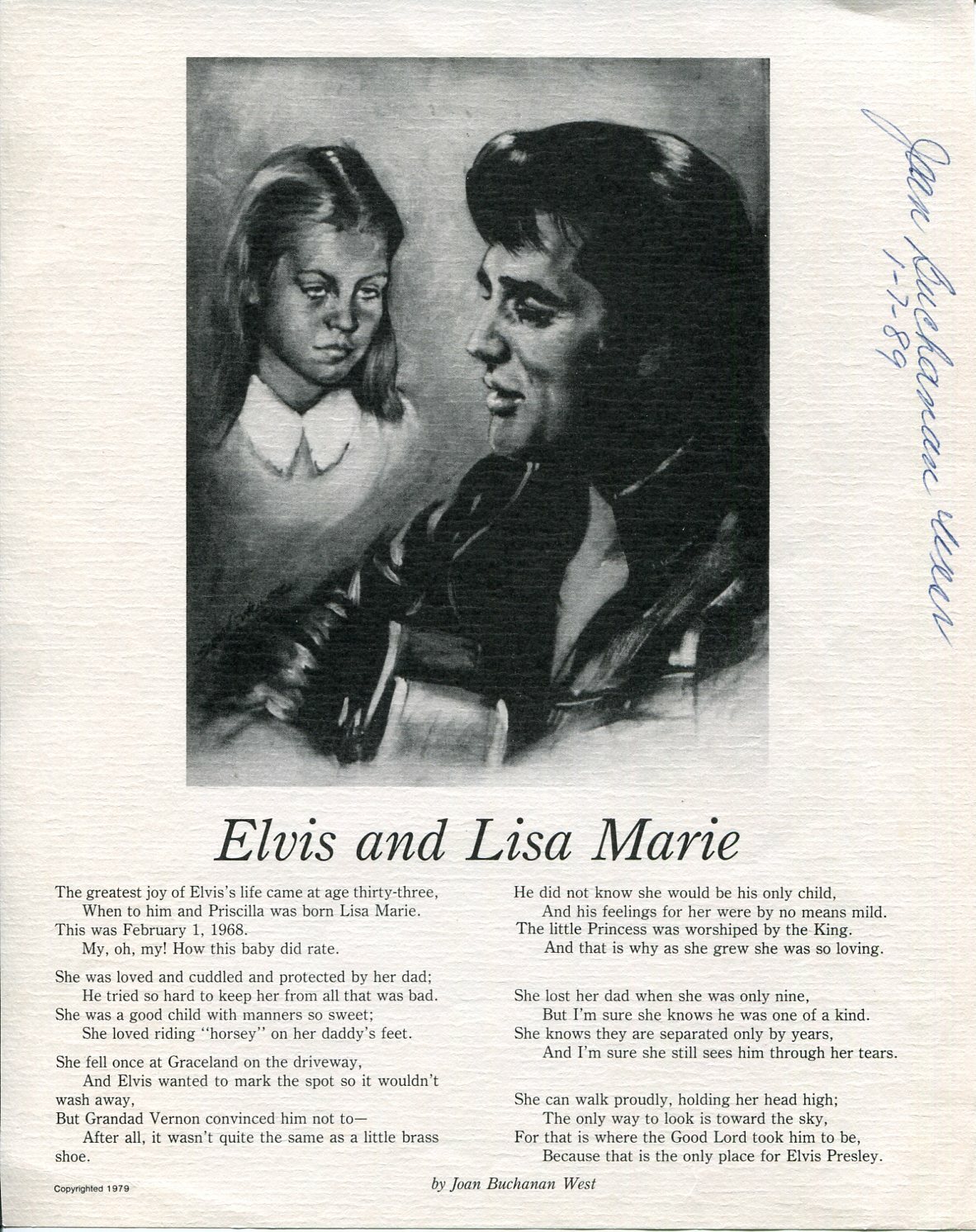Joan Buchanan West Elvis And Lisa Marie Author Poet Rare Signed Autograph Poem