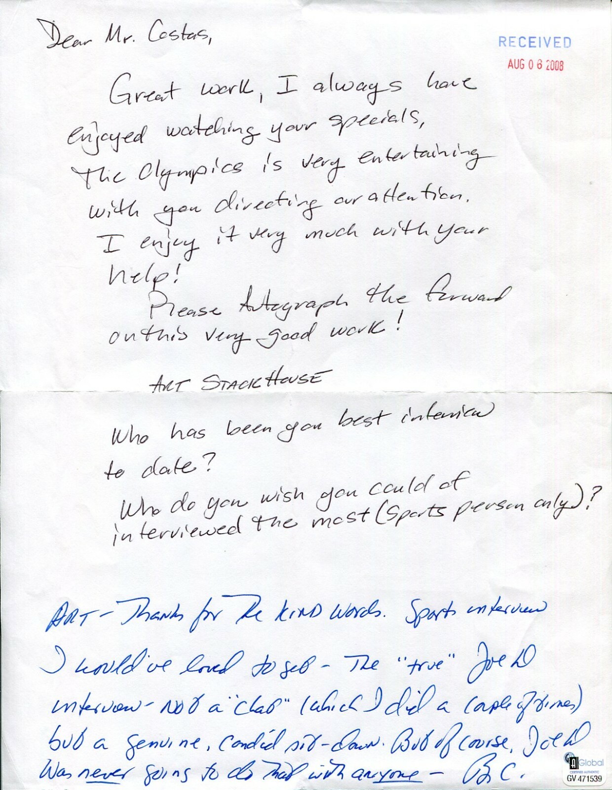 Bob Costas NBC Olympics MLB Sportscaster HOF Rare Signed Autograph Note COA