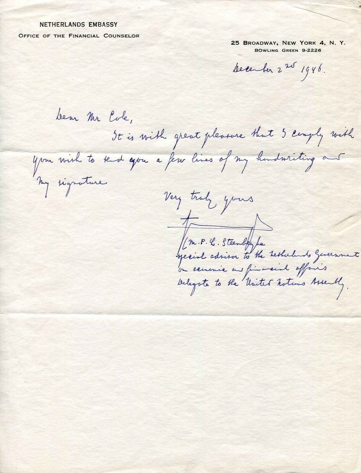 M. P. L. Steenberghe Netherlands United Nations Signed Autograph Letter ALS