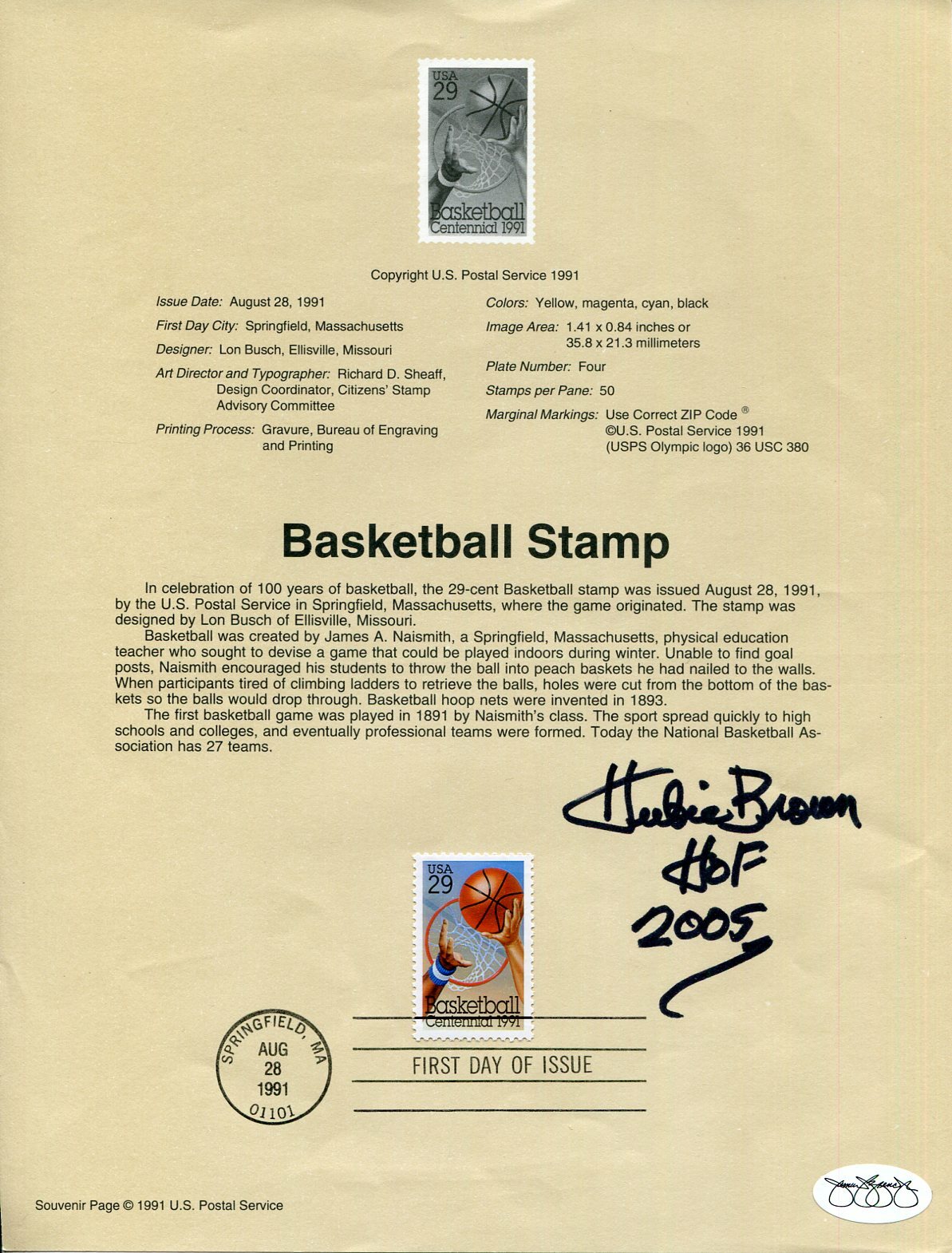 Hubie Brown NY New York Knicks Atlanta Hawks HOF Signed Autograph FDC Sheet JSA