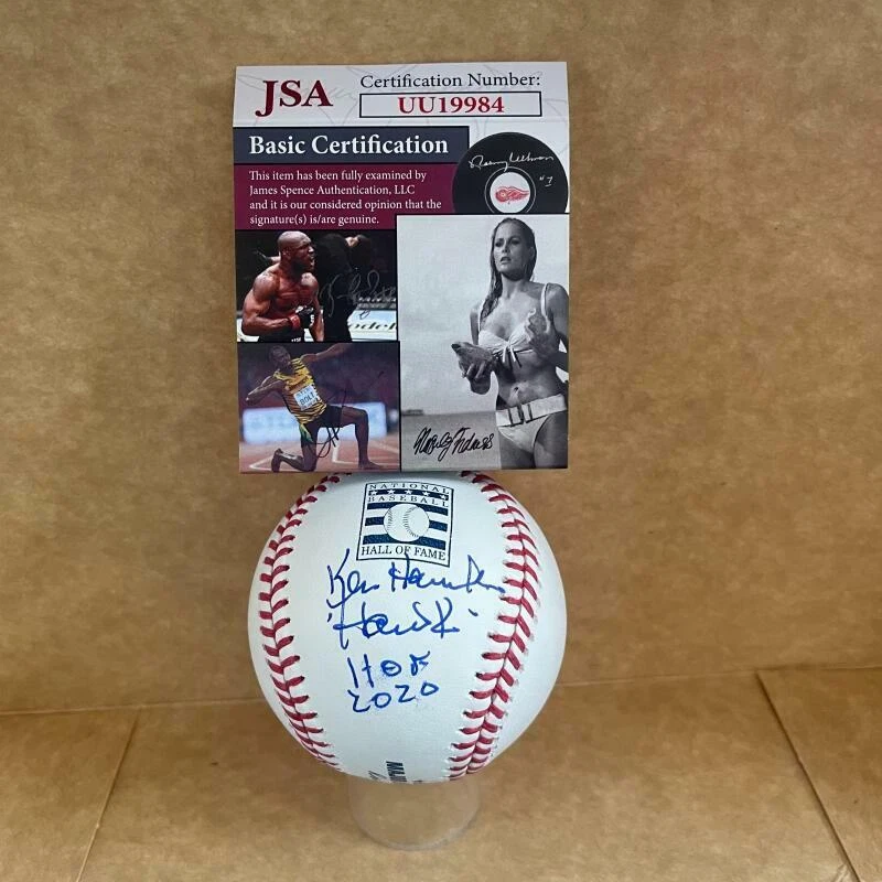 KEN HAWK HARRELSON HOF 2000 SIGNED ON A ML HALL OF FAME BASEBALL JSA UU19984