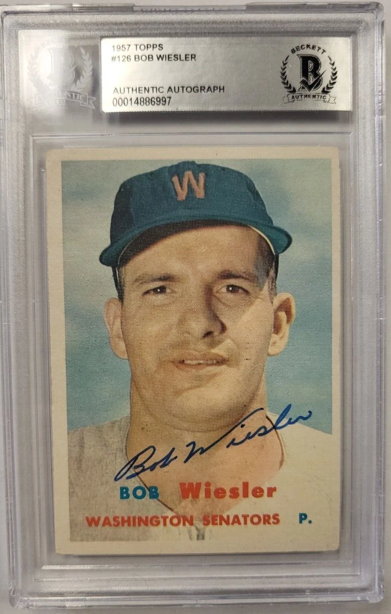 1957 TOPPS BOB WIESLER #126 SENATORS AUTHENTIC AUTO CERTIFIED BECKETT CARD COLLECTIBLE MEMORABILIA